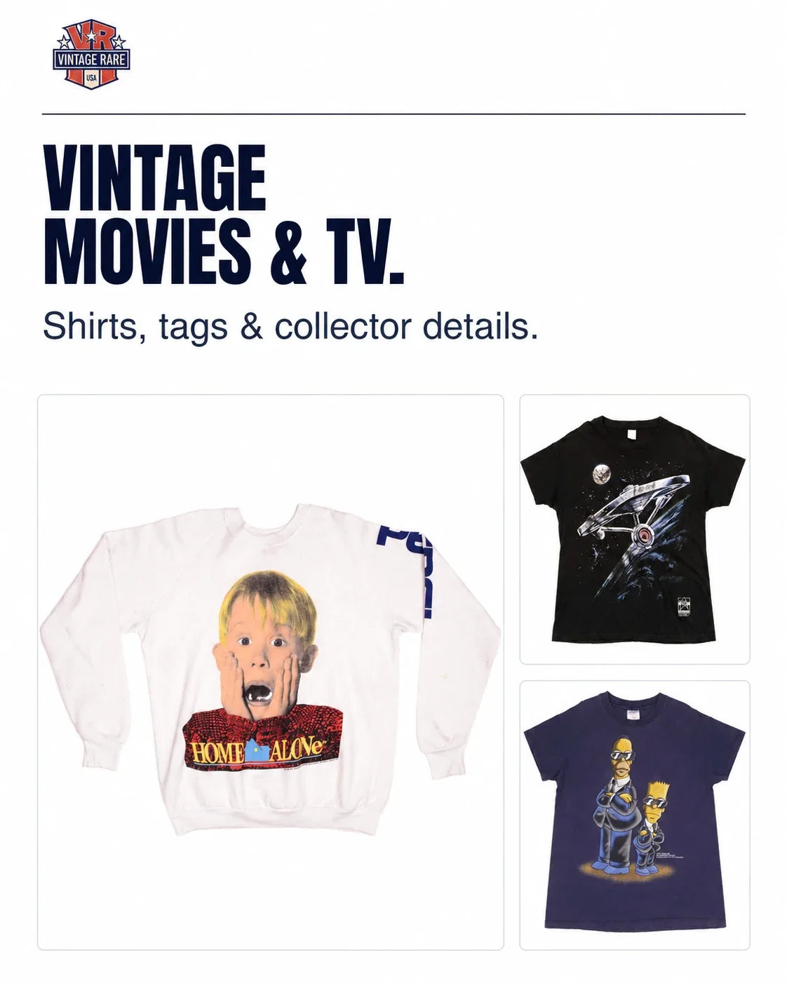 Vintage Movies & TV guide collage featuring Home Alone, Star Trek and The Simpsons shirts