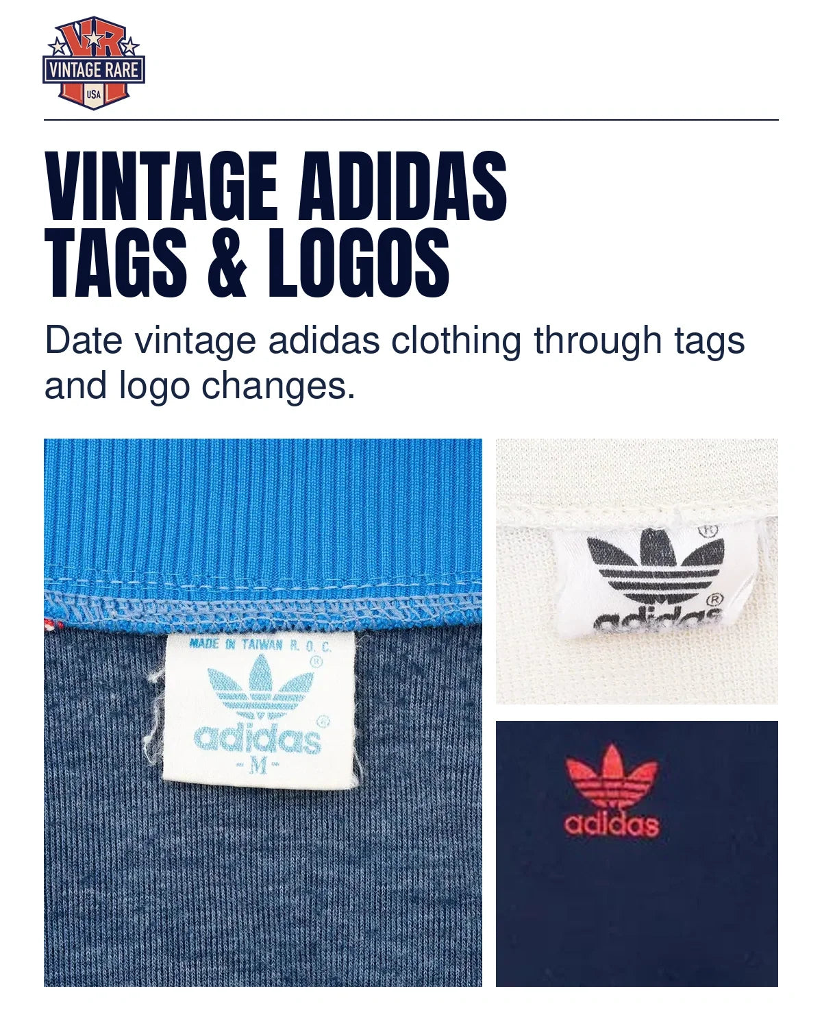 Vintage Adidas tags and logos guide: original Trefoil labels and red embroidered Trefoil logo from Vintage Rare USA archive photographs.