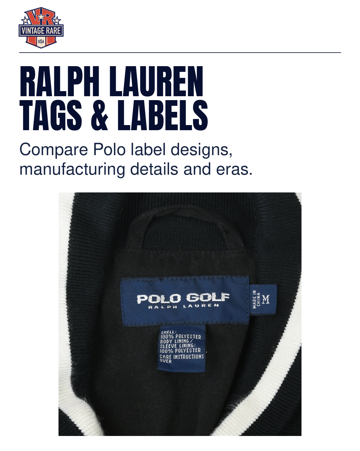 RALPH LAUREN TAGS & LABELS — Polo Golf Ralph Lauren label · original archive photograph. Vintage Rare USA guide.