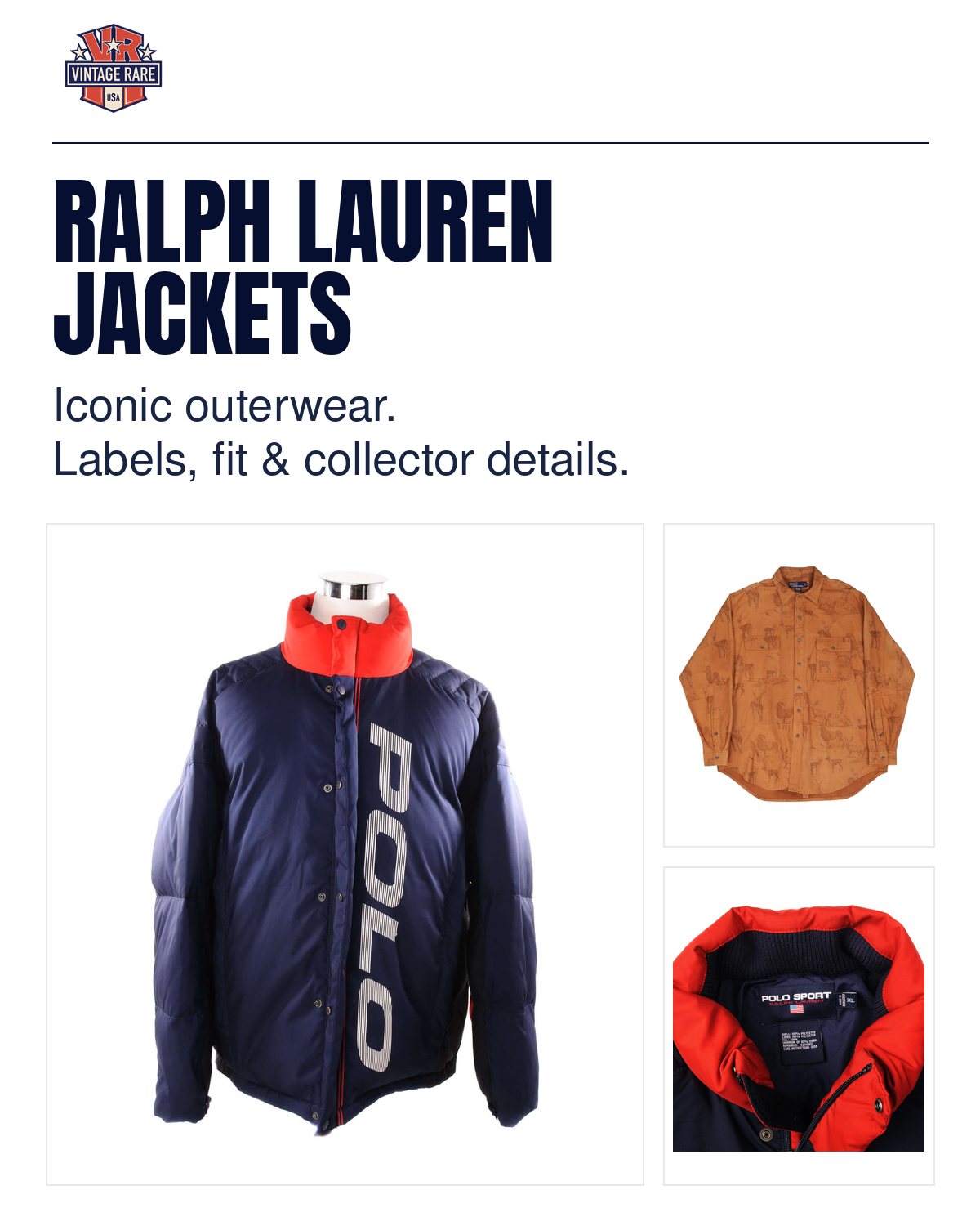 Ralph Lauren Jackets guide cover: original navy-and-red Polo Sport down jacket, wildlife-print suede overshirt and matching Polo Sport label, with the Vintage Rare USA logo