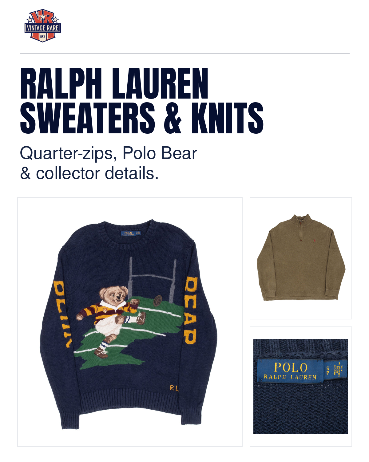 Ralph Lauren Sweaters and Quarter-Zips guide cover: original navy rugby Polo Bear sweater, olive quarter-zip and matching Polo Bear sweater label, with the Vintage Rare USA logo