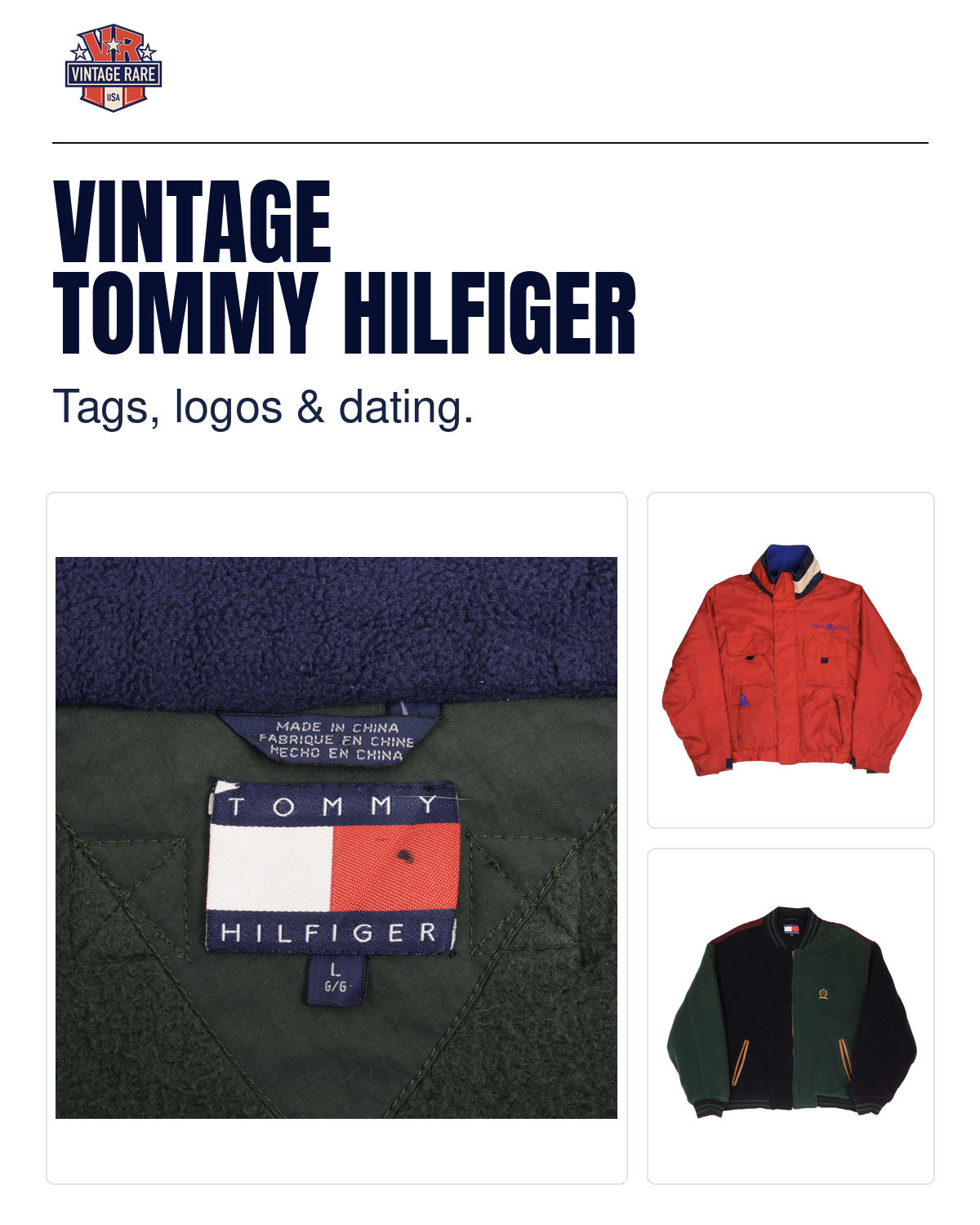 Tommy Hilfiger tag guide collage: original flag neck label, red multi-pocket jacket and sold-out colorblock varsity jacket, with the unchanged Vintage Rare USA logo.