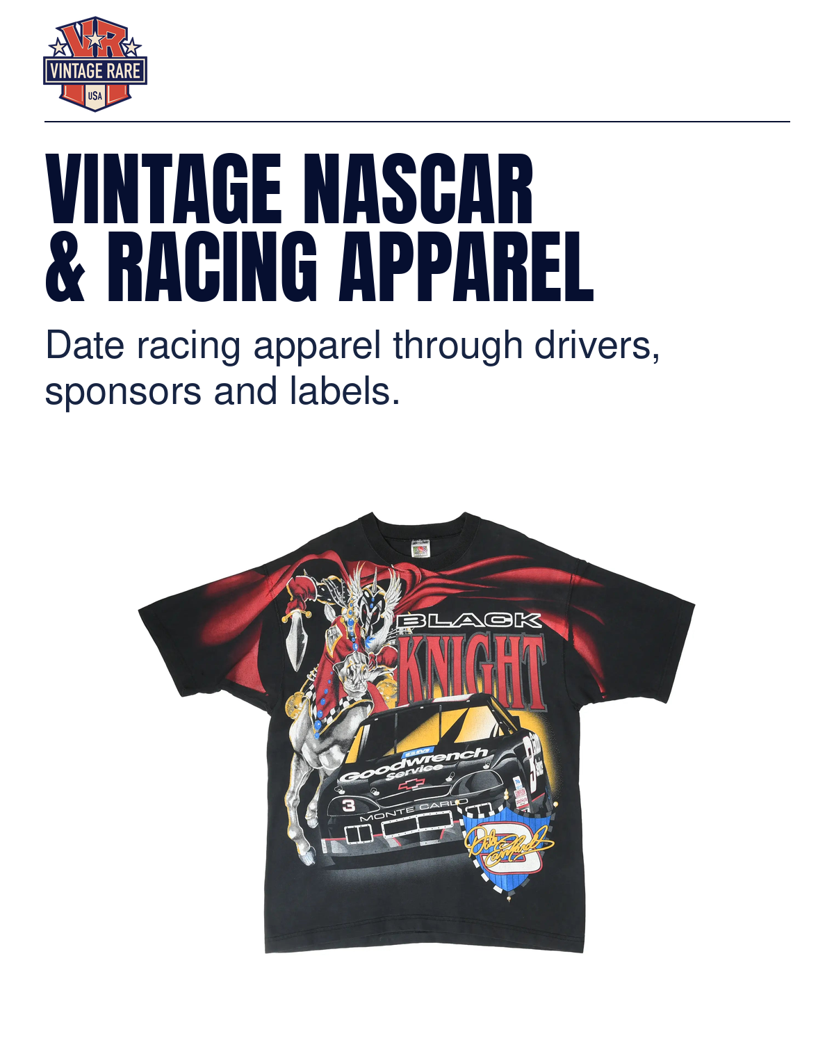 VINTAGE NASCAR & RACING APPAREL — Dale Earnhardt Black Knight racing T-shirt. Vintage Rare USA guide.