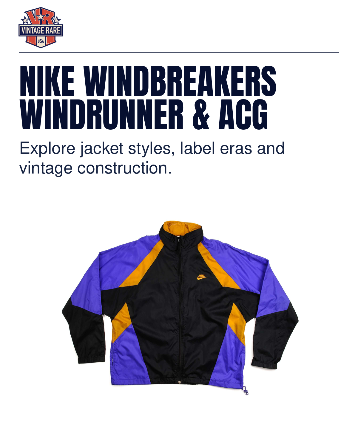NIKE WINDBREAKERS WINDRUNNER & ACG — Nike black, purple and gold windbreaker. Vintage Rare USA guide.