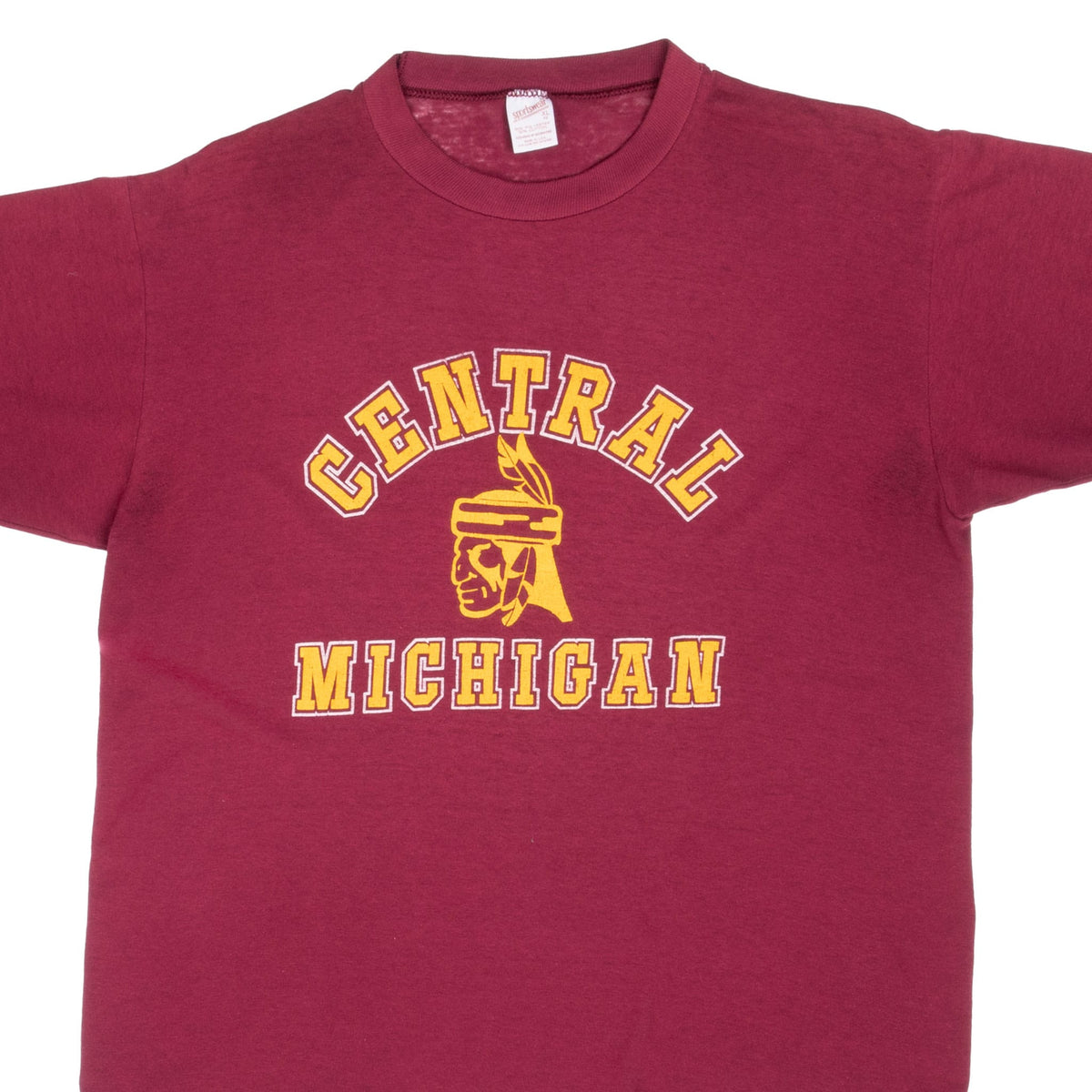 Front upper view of maroon Central Michigan T-shirt with yellow and white mascot graphic