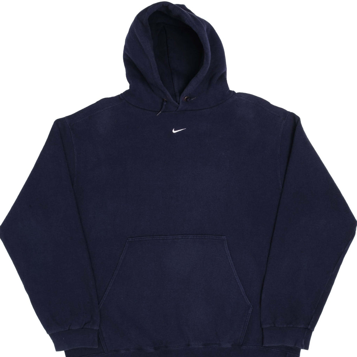 Front of navy blue Nike pullover hoodie with white center Swoosh and kangaroo pocket