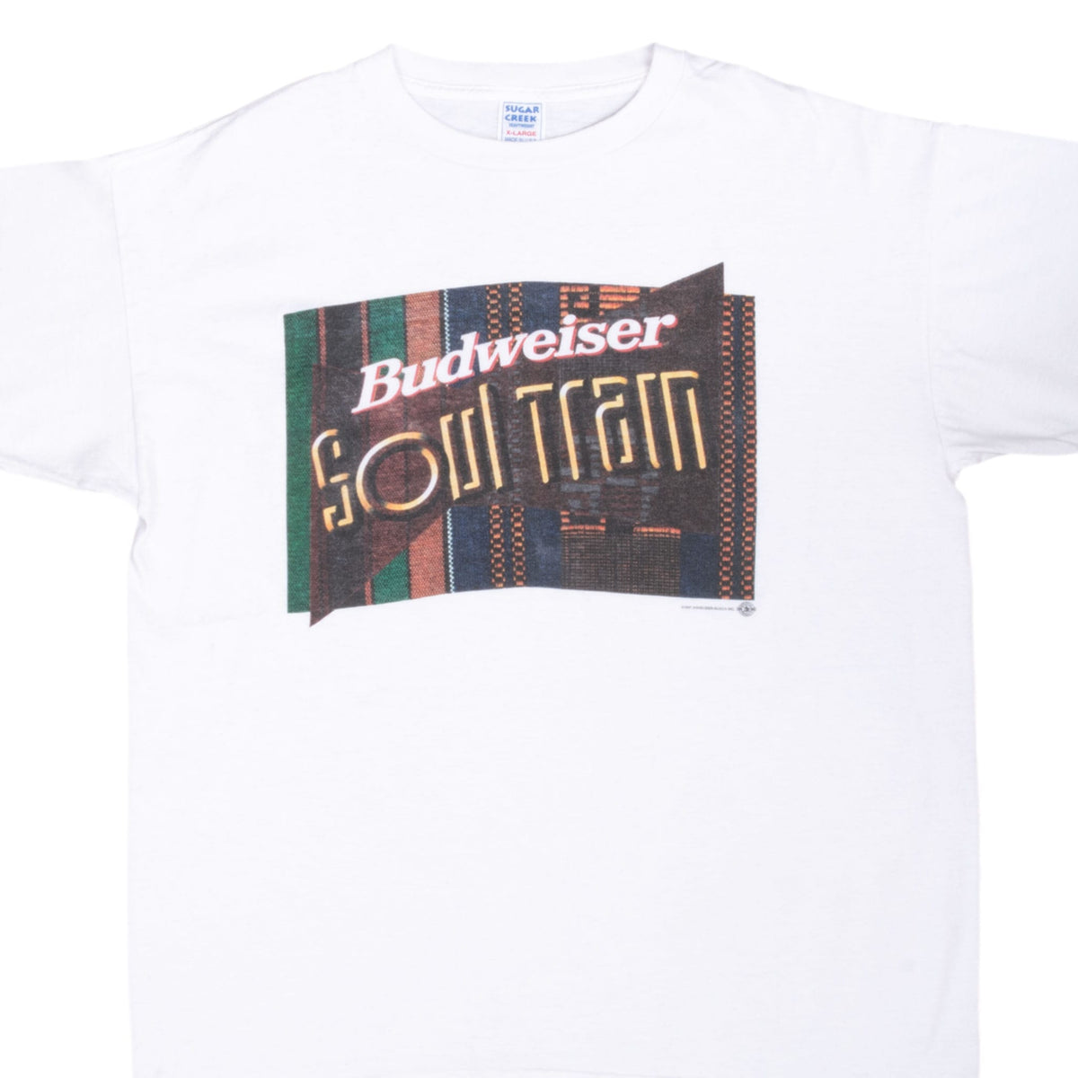 Front close-up of white Budweiser Soul Train T-shirt with multicolor geometric graphic