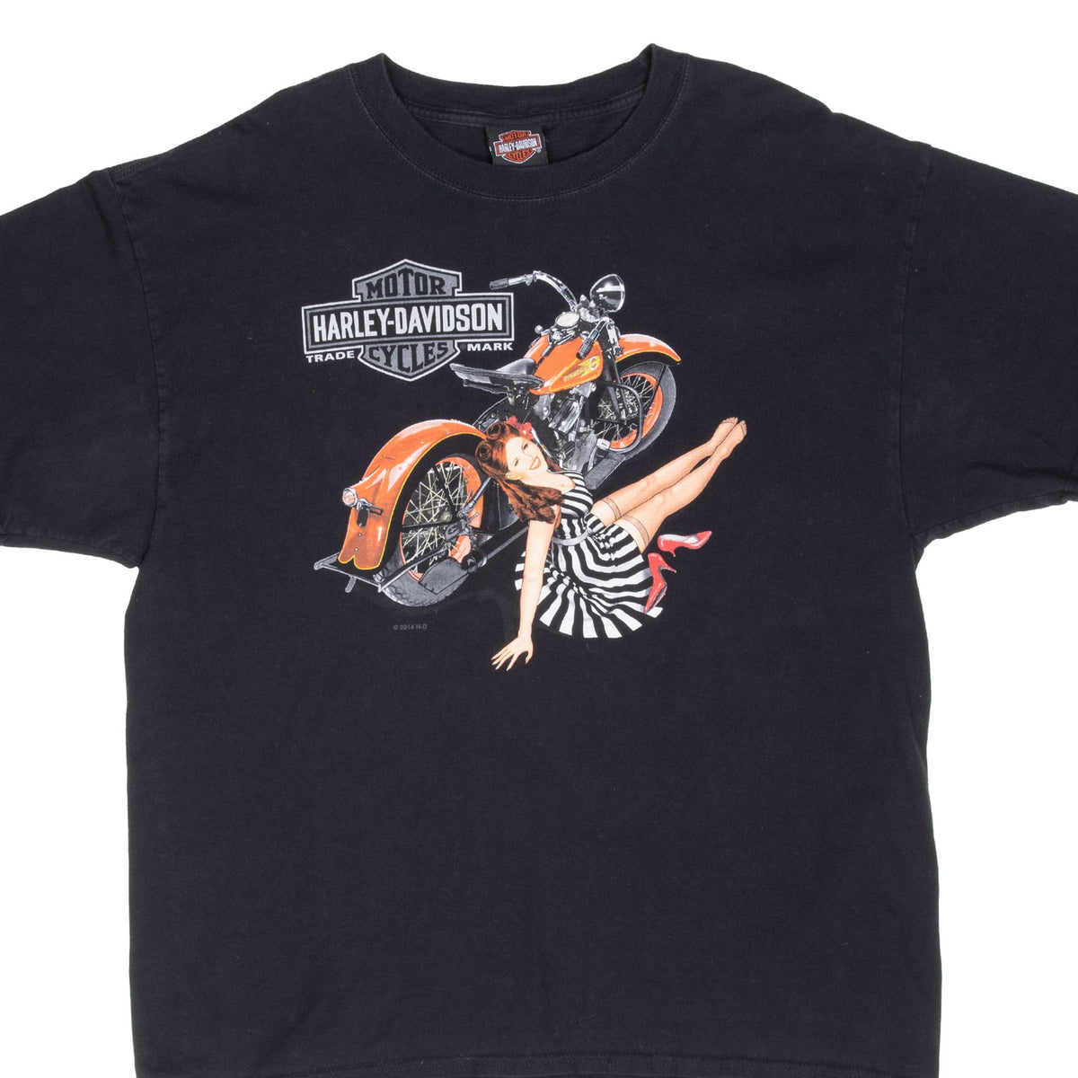 Front of black Harley-Davidson T-shirt with orange motorcycle and pinup graphic