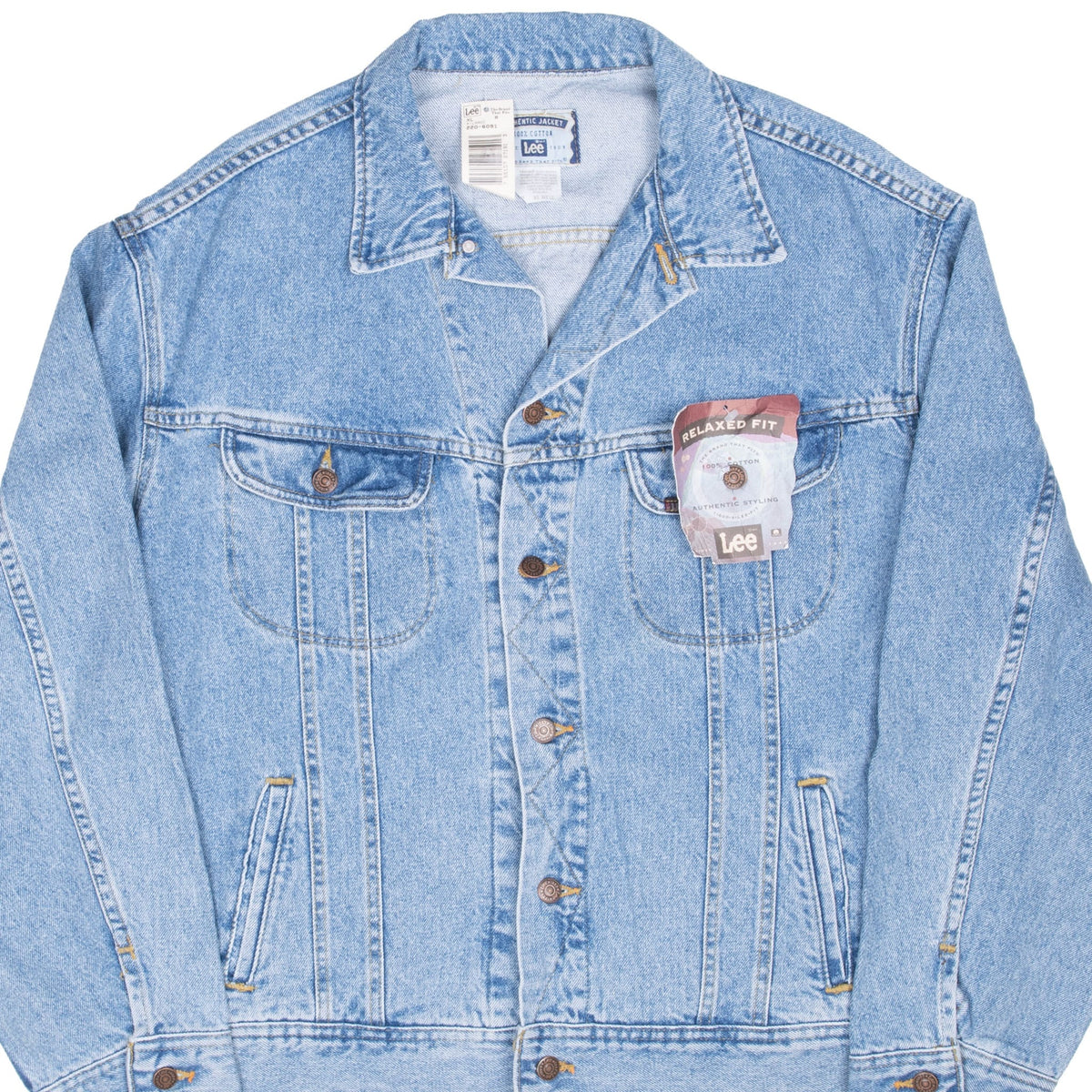 Front detail of Lee blue denim trucker jacket with metal buttons, chest pockets and hangtag