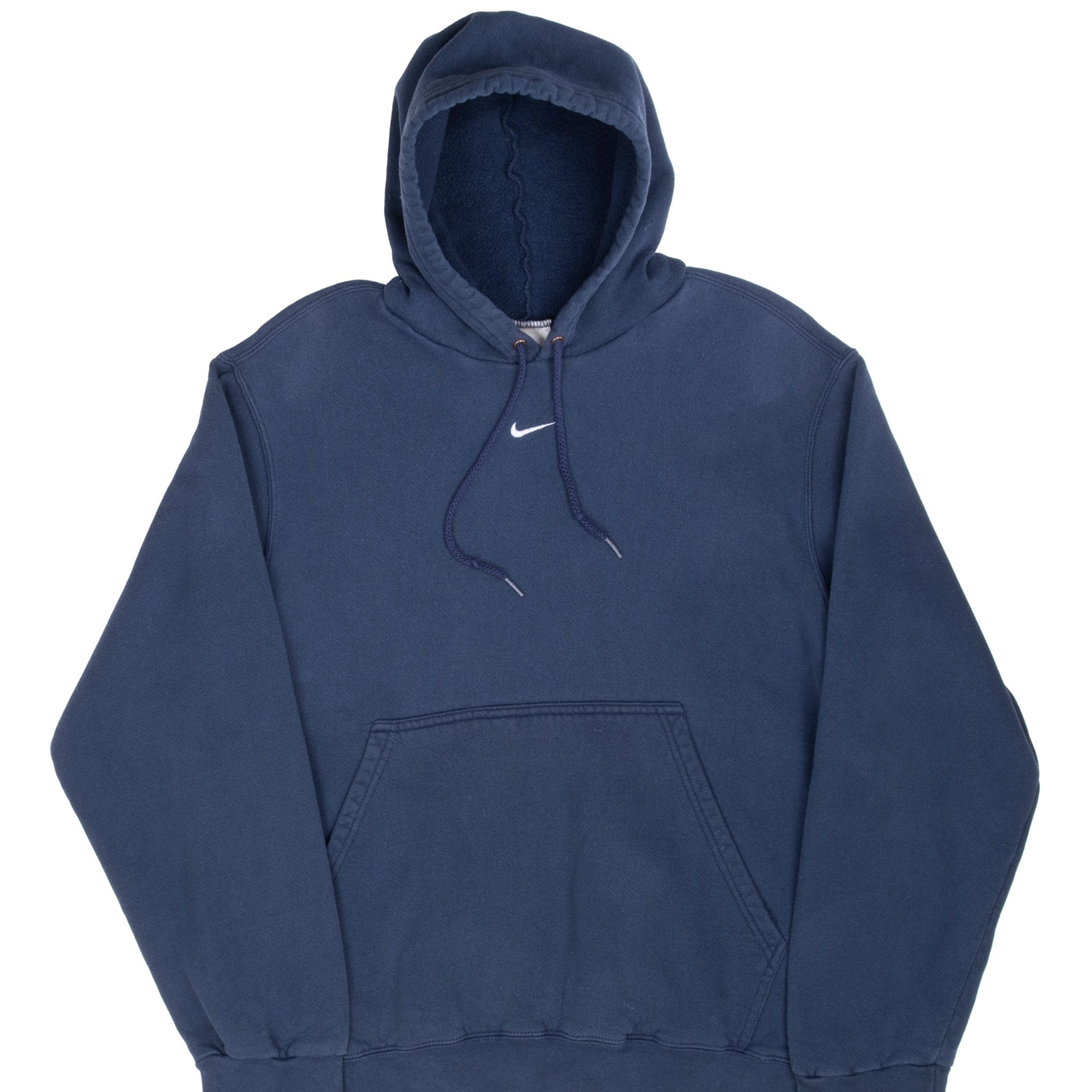 Front of navy blue Nike hoodie with centered white Swoosh and kangaroo pocket