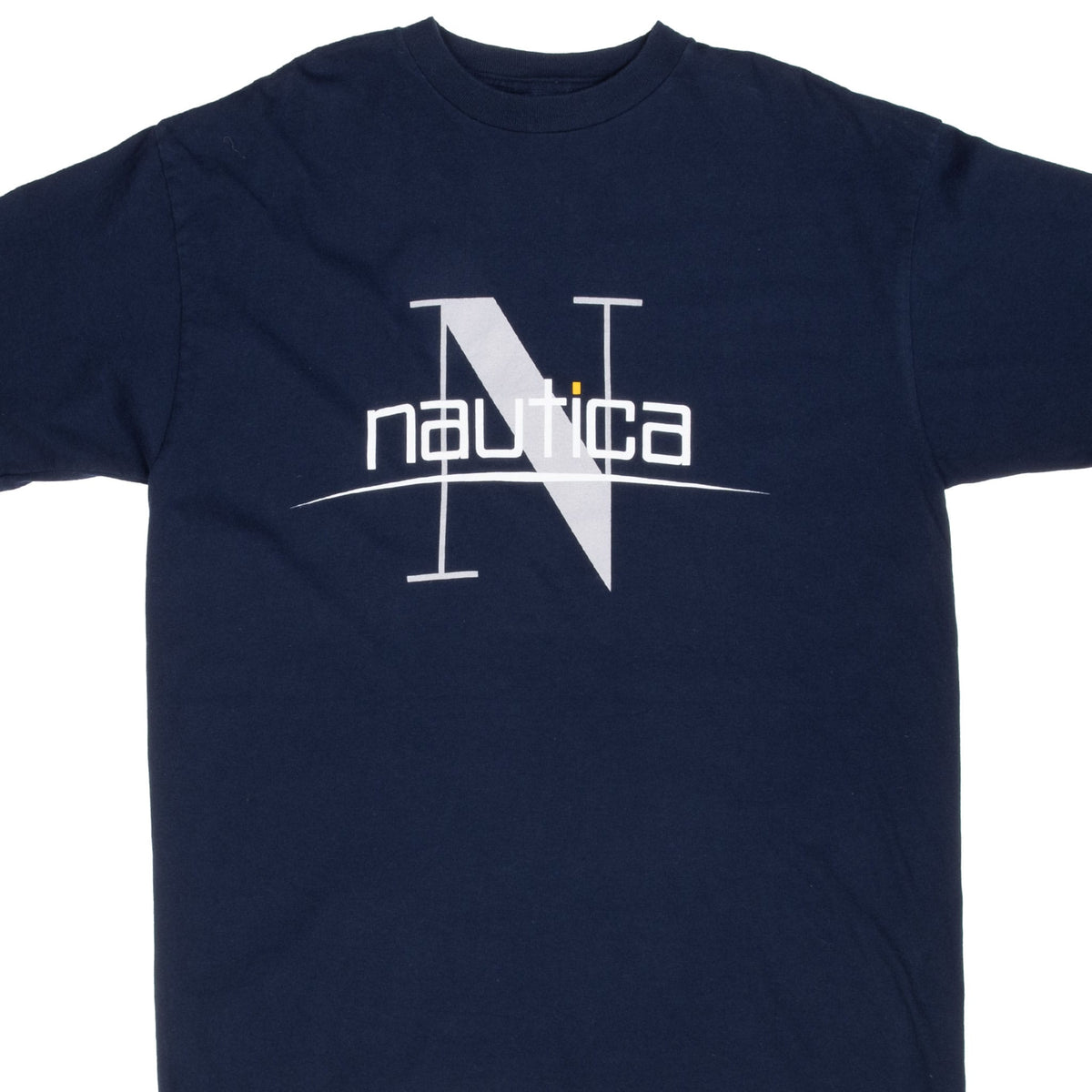 Front chest of navy Nautica T-shirt with white and gray logo graphic