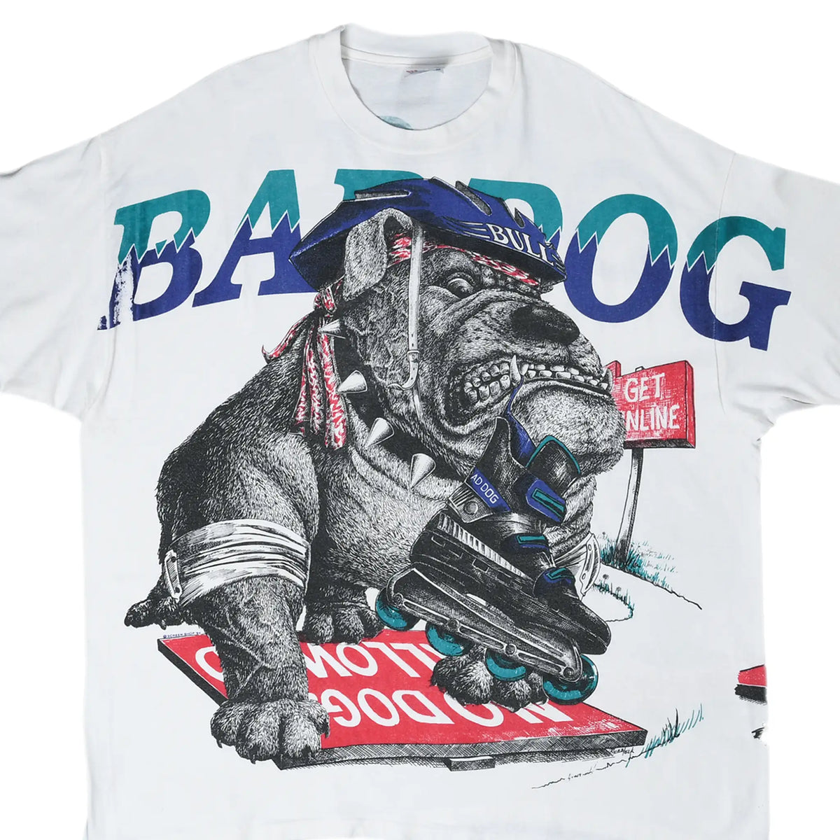 Front of white Bad Dog T-shirt with roller-skating bulldog graphic in teal, purple, red, and black