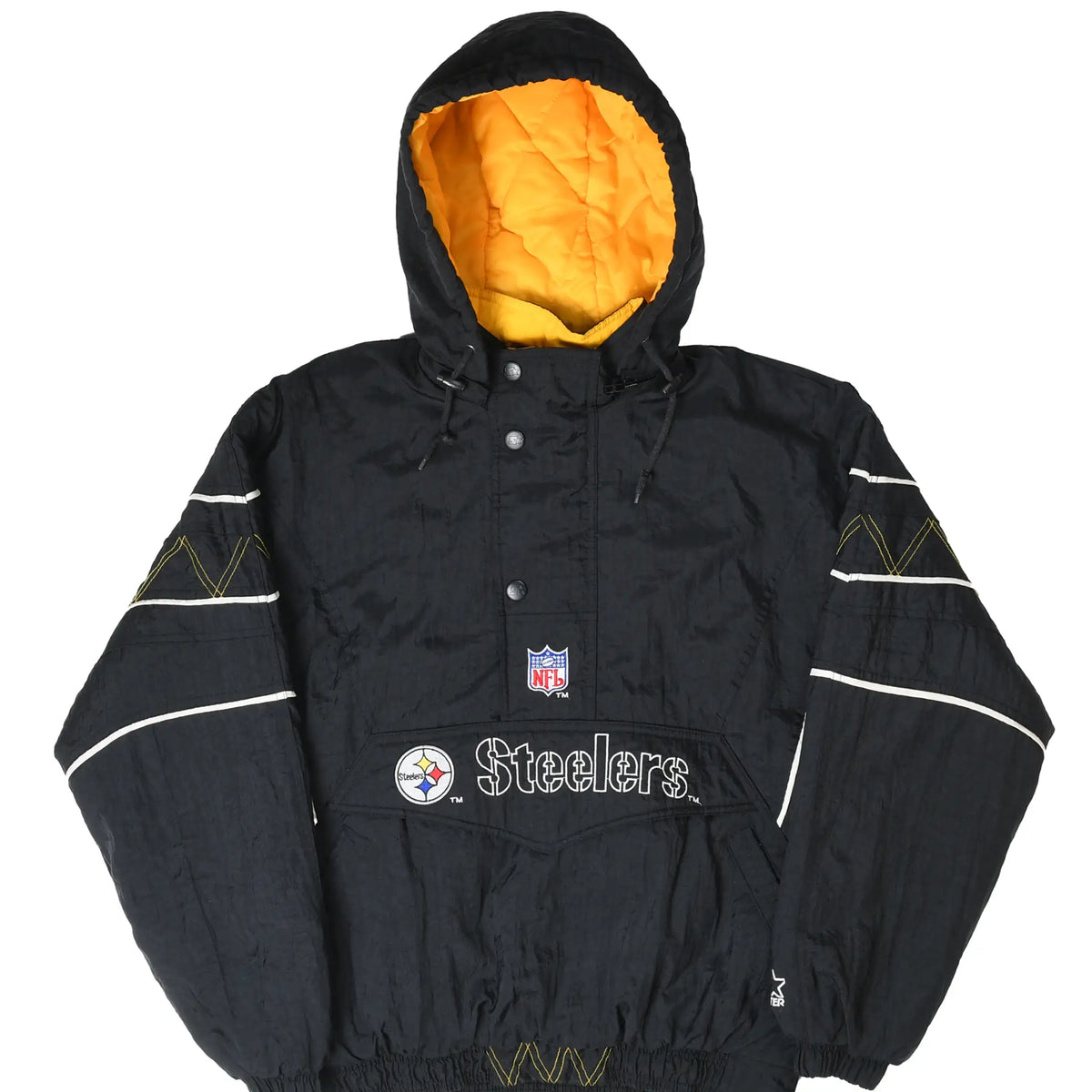 Front of black Pittsburgh Steelers Starter hooded pullover jacket with yellow lining and embroidered logos