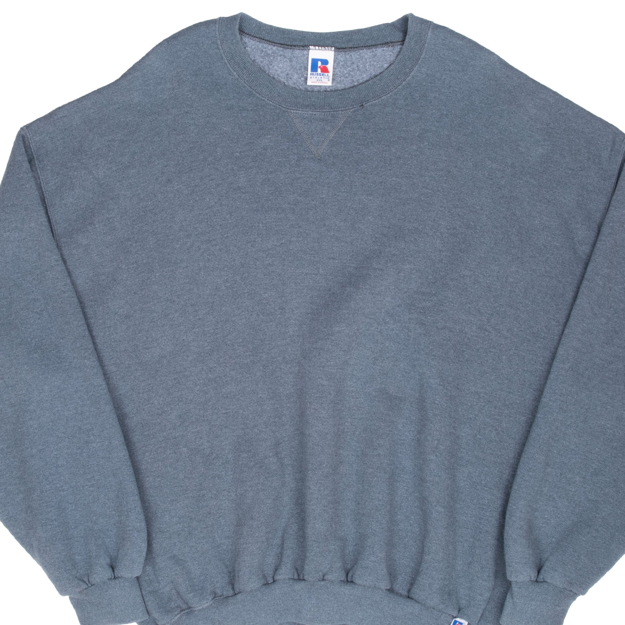 Russell Athletic dark grey blank crewneck sweatshirt, front upper-body detail
