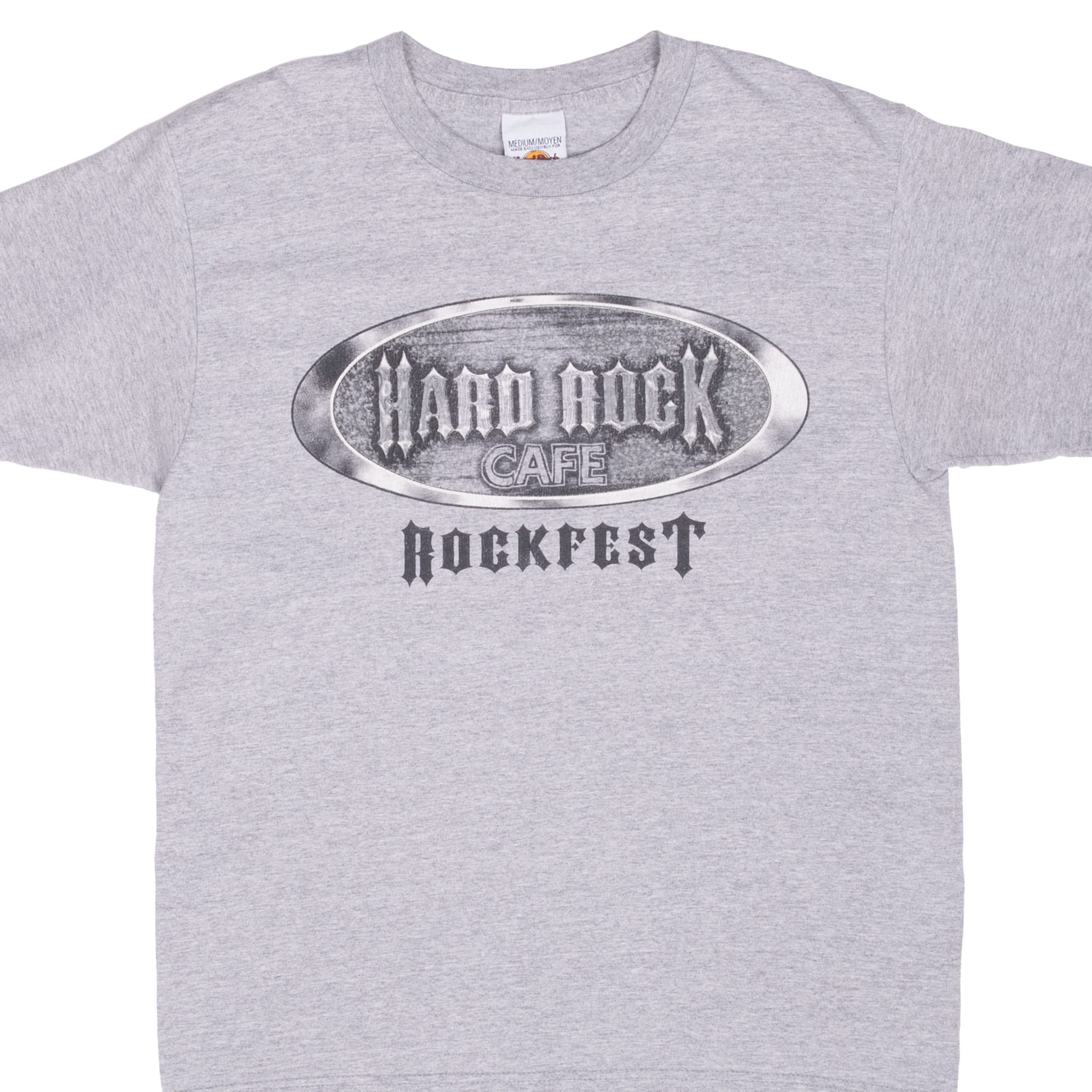 Front of gray Hard Rock Cafe T-shirt with monochrome oval logo and Rockfest print