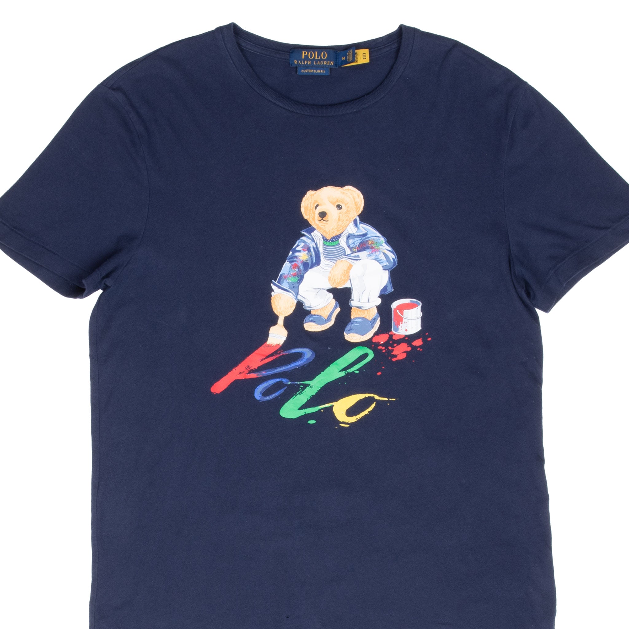Vintage Ralph Lauren Polo Bear Painting Navy Blue Tee Shirt Size Medium With Single Stitch Sleeves