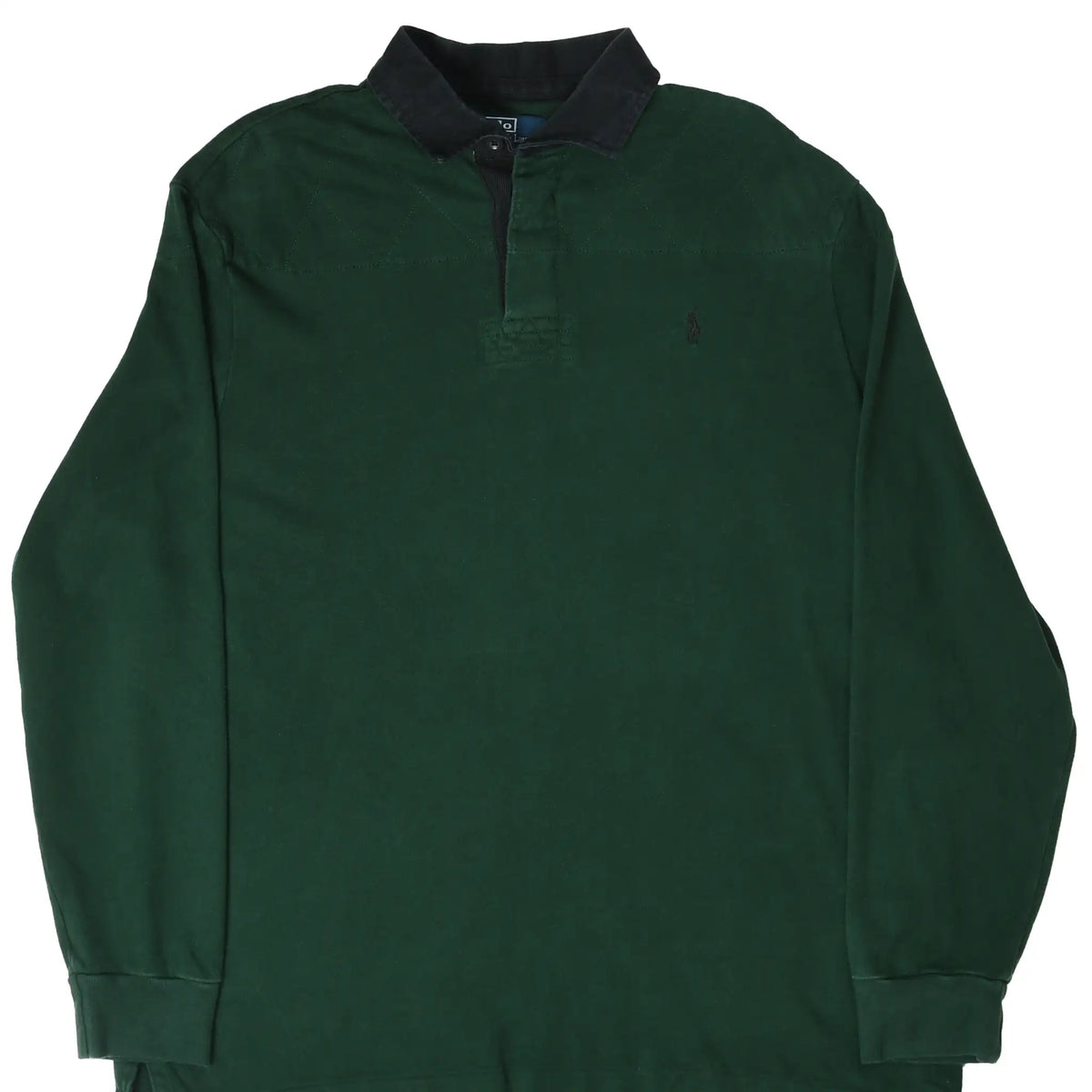 Front of dark green Polo Ralph Lauren long-sleeve rugby shirt with black collar and embroidered pony