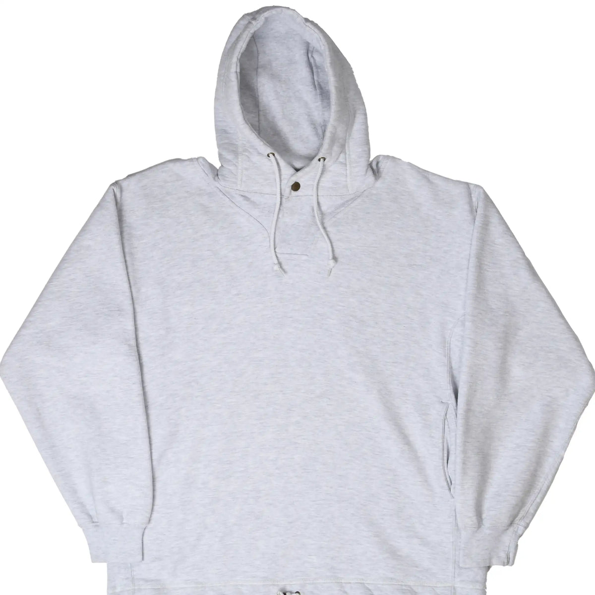 Front of gray Russell Athletic pullover hoodie with drawstring hood, neck snap, and side-entry pockets