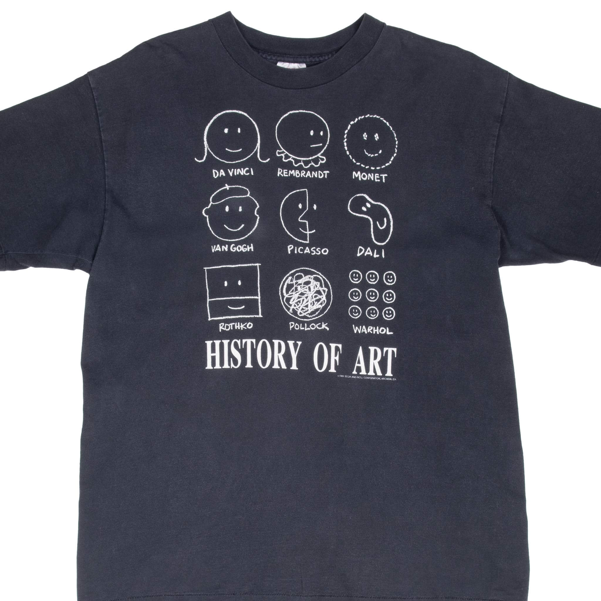 Vintage History Of Art Picasso, Da vinci, Rembrandt, Monet, Van Gogh, Dali, Rothko, Pollock, Warholl Tee Shirt 1991 Size Large Made In Usa With Single Stitch Sleeves