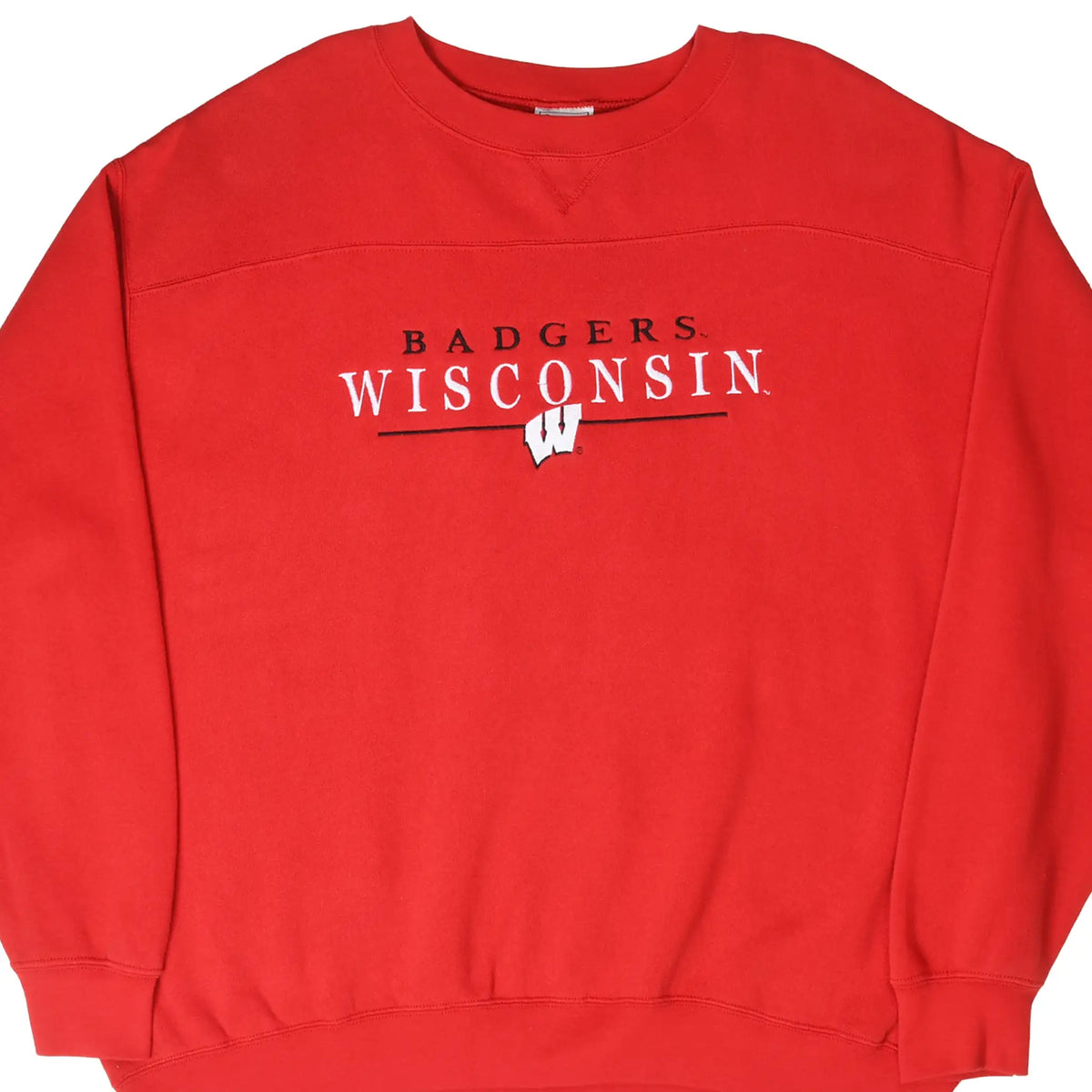 Front of red Wisconsin Badgers sweatshirt with embroidered lettering and W logo
