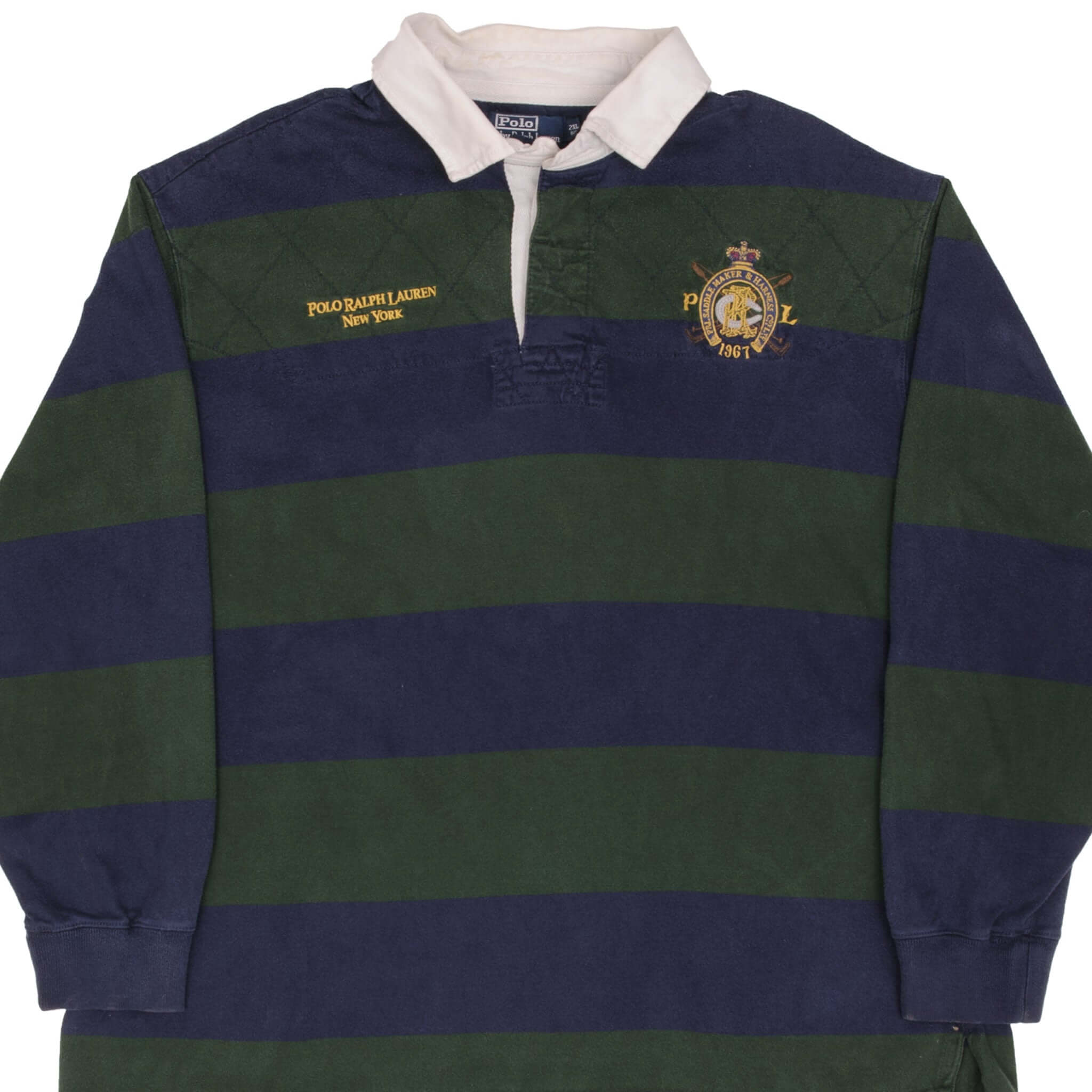 Vintage Ralph Lauren New York Blue & Green Striped Rugby Polo Shirt 1990S Size 2XL Big
