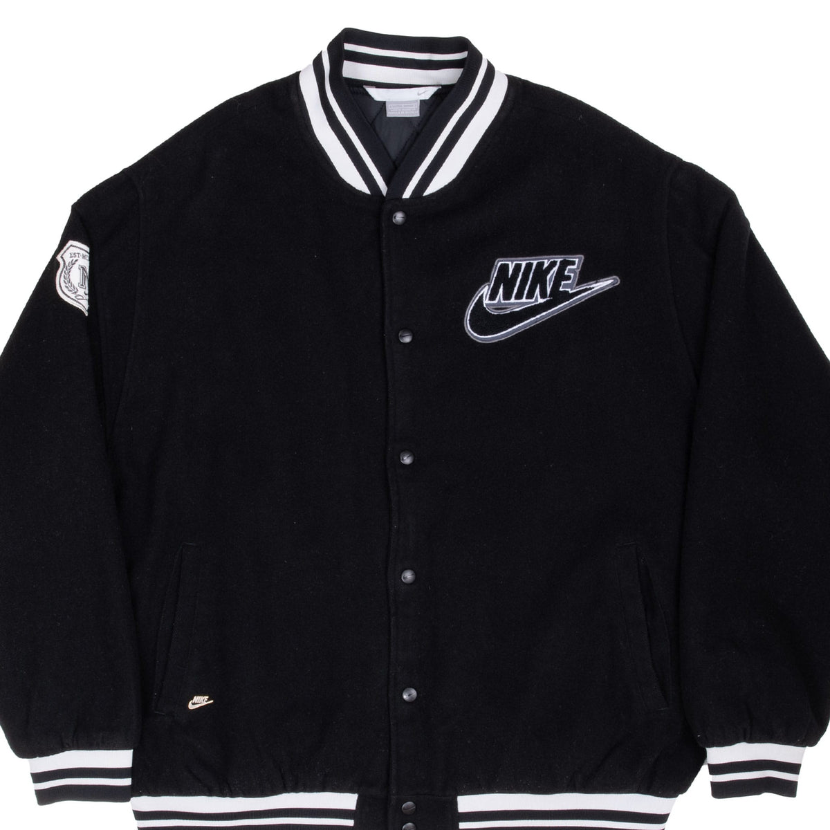 Vintage Nike Swoosh Black Wool Bomber Varsity Jacket 2000s Size Large