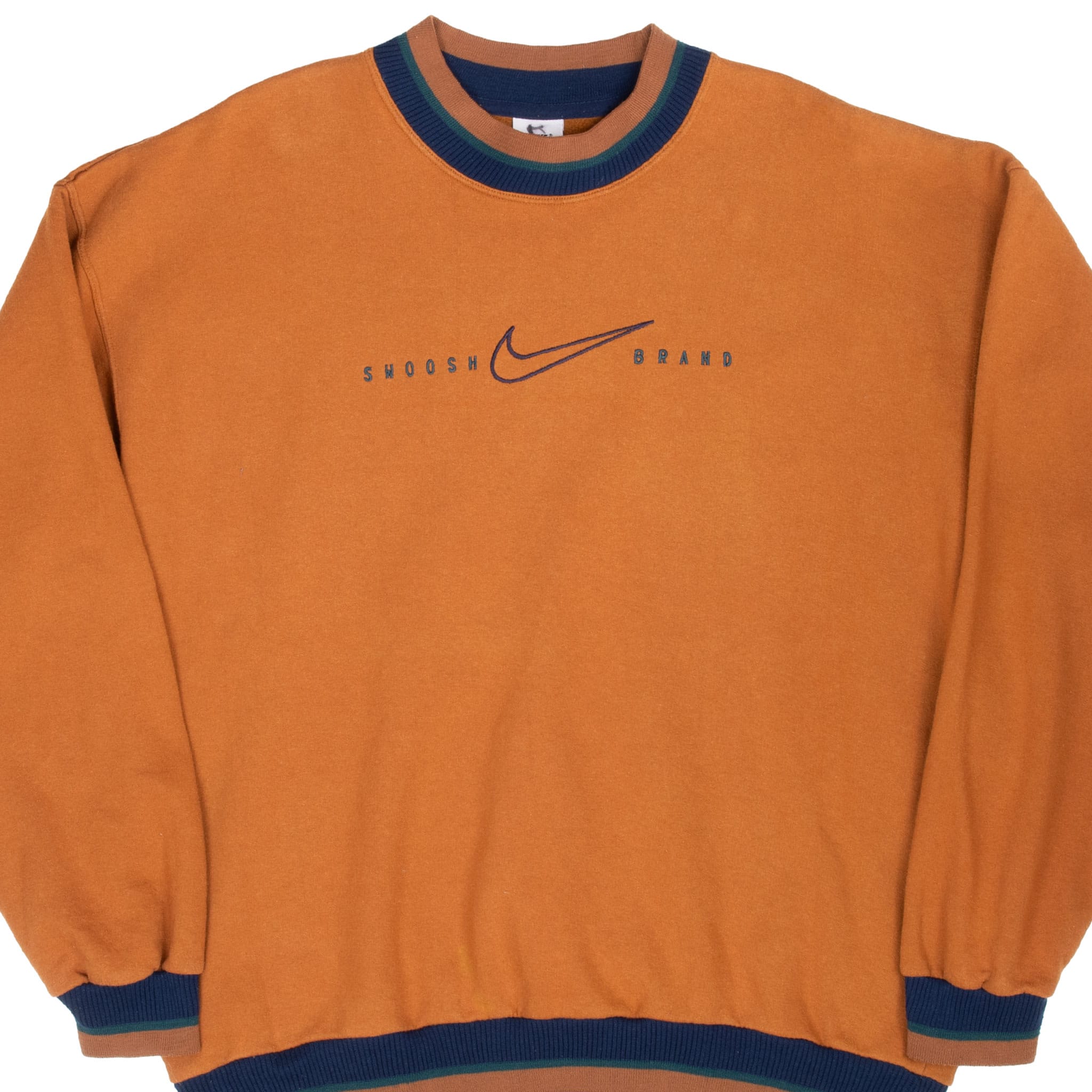 Front of brown Nike crewneck sweatshirt with embroidered Swoosh Brand chest logo