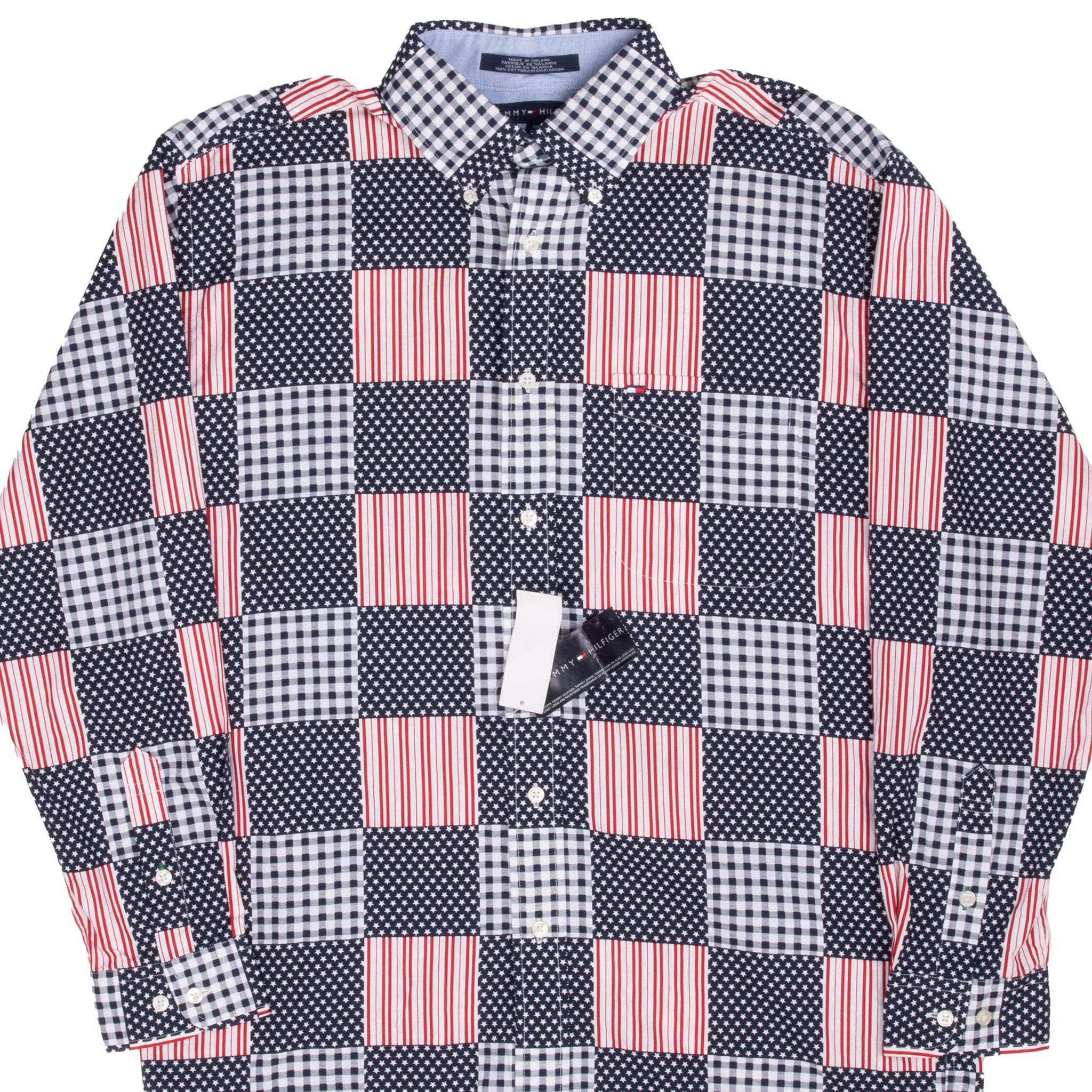 Front view of Tommy Hilfiger button-down shirt with red, white and navy flag patchwork and attached tags