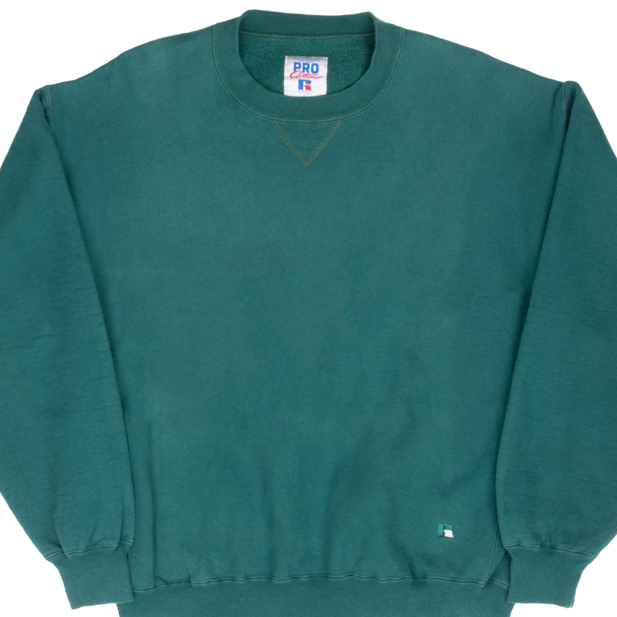 VINTAGE RUSSELL ATHLETIC BLANK GREEN PRO COTTON SWEATSHIRT 1990S LARGE MADE USA