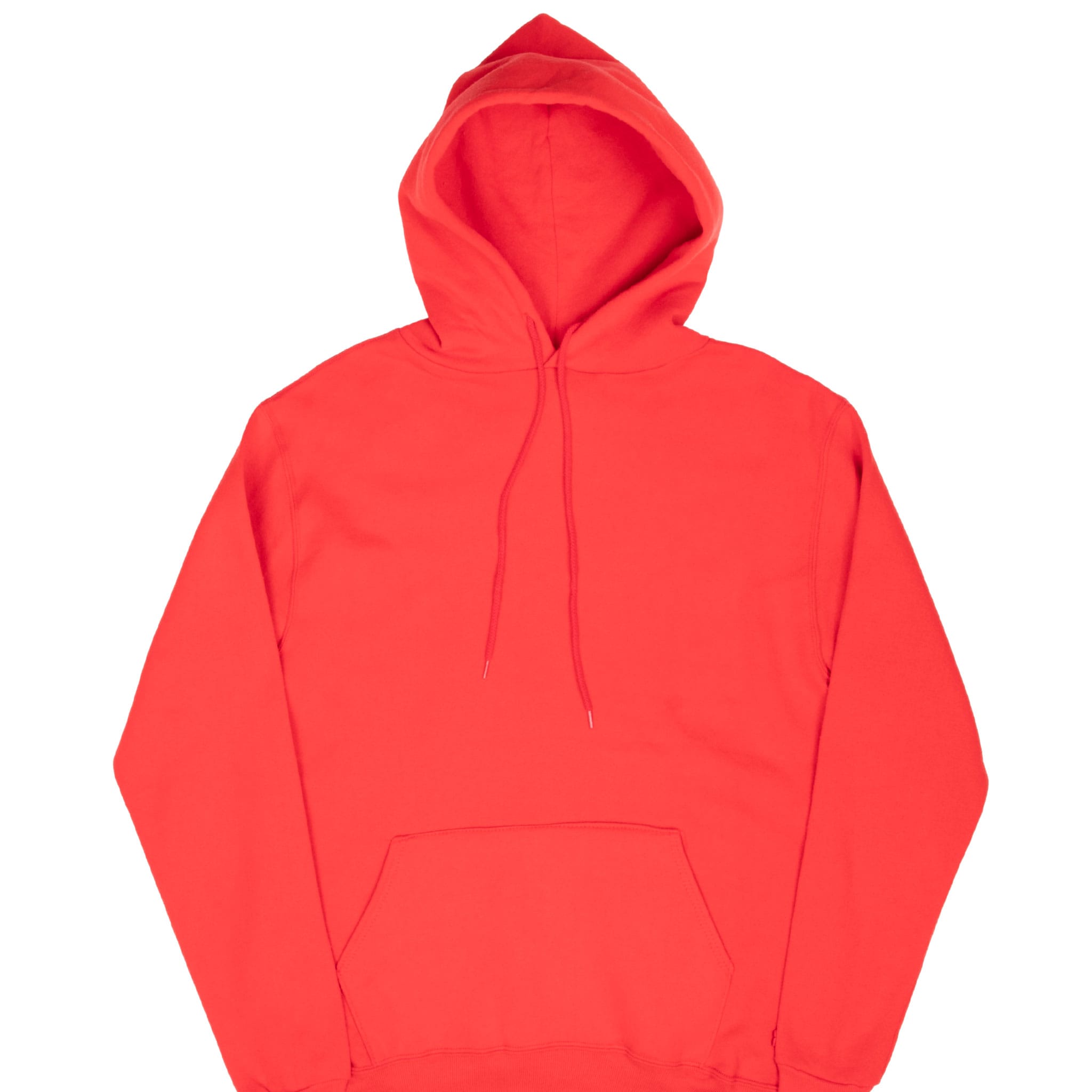Front of red Russell Athletic blank pullover hoodie with drawstrings and kangaroo pocket