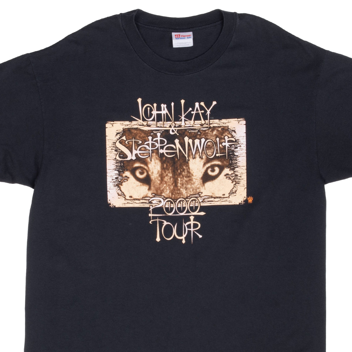 Upper front of black John Kay & Steppenwolf 2000 Tour T-shirt with wolf eyes graphic