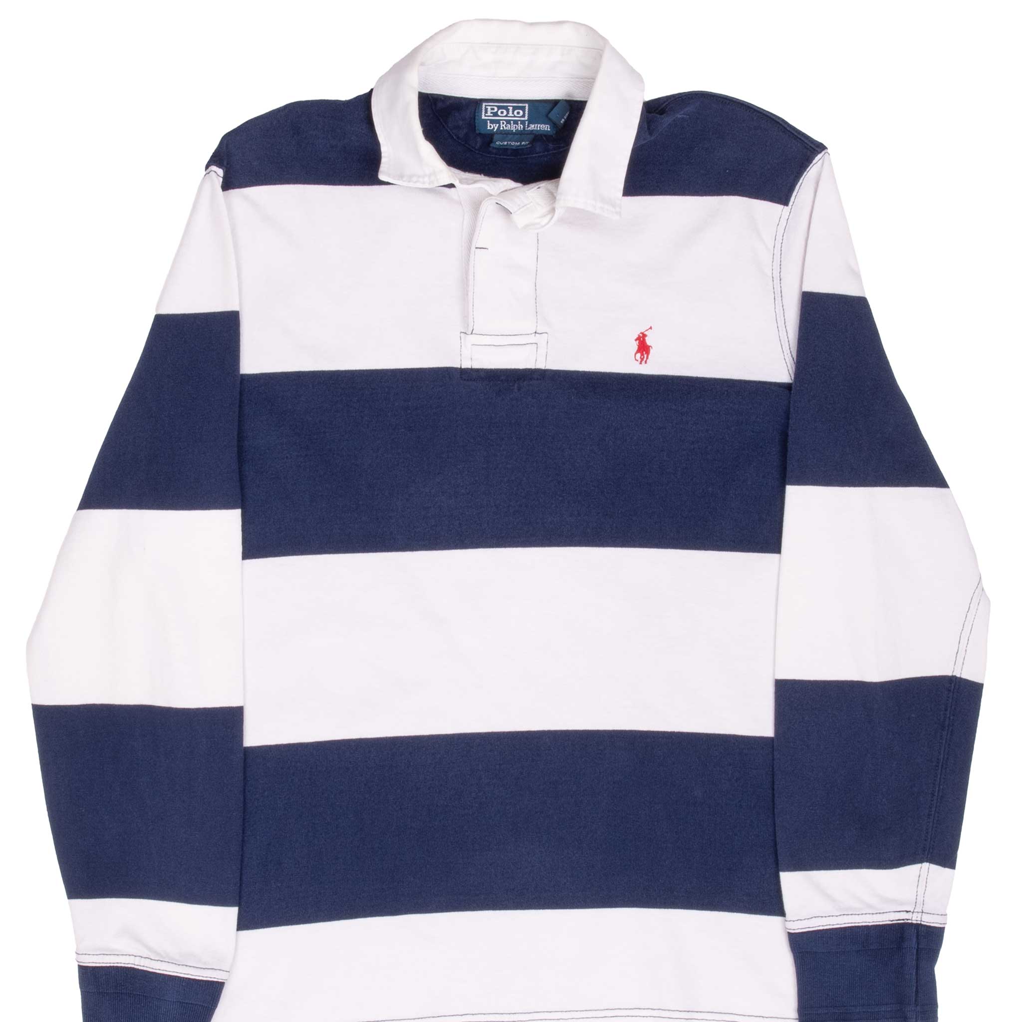 Vintage Ralph Lauren Blue And White Striped Rugby Polo Shirt 1990S Size Medium