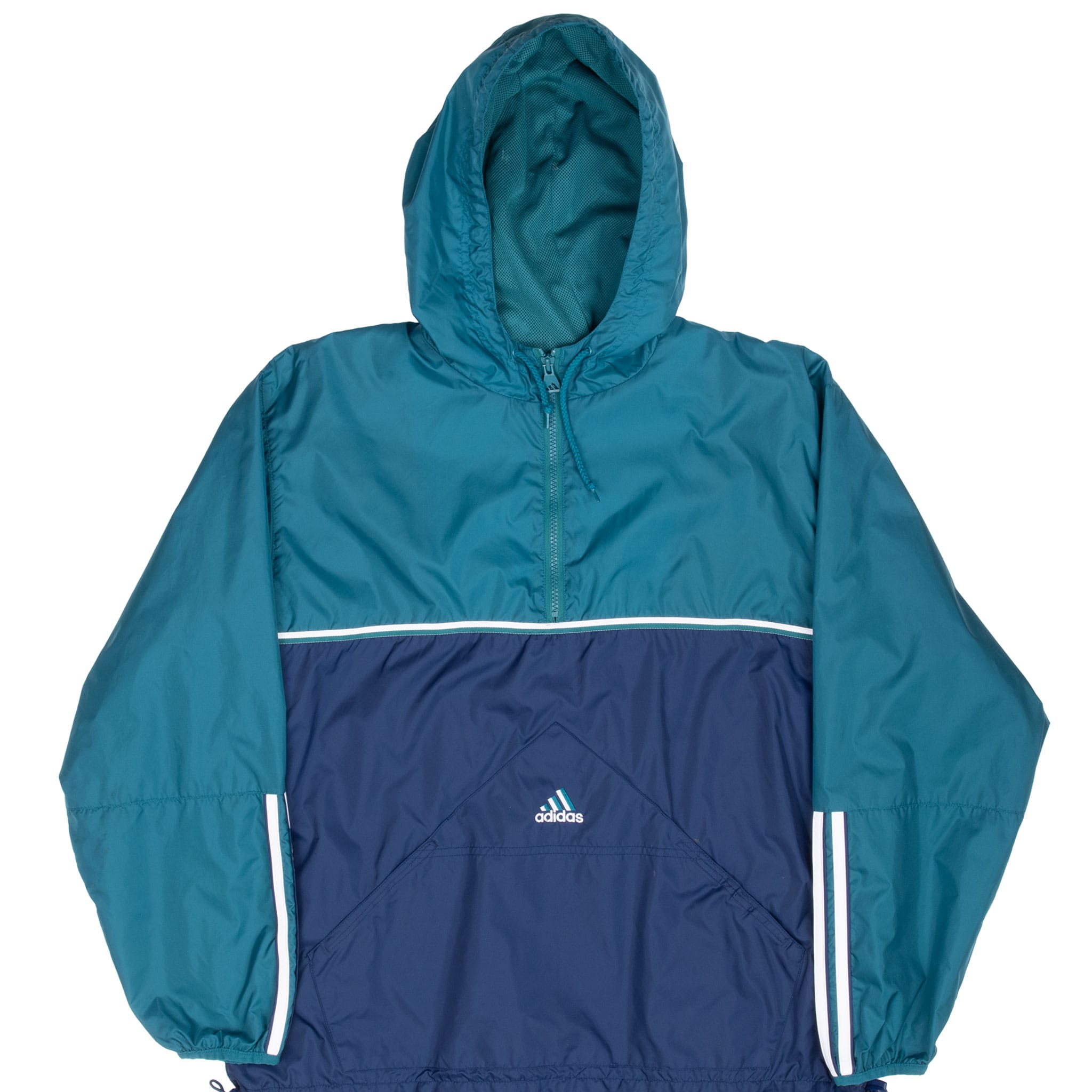 Front of green and navy Adidas hooded pullover windbreaker with half zip and pouch pocket