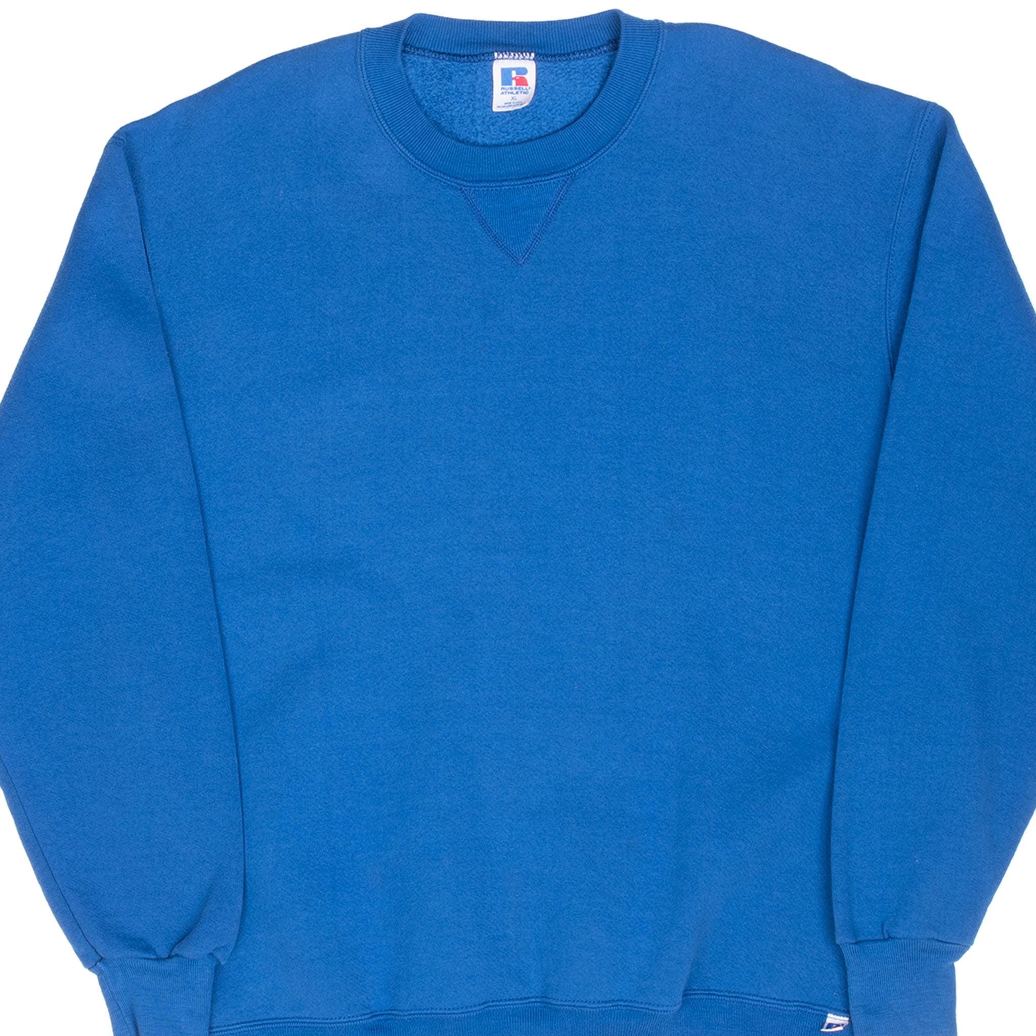 Front detail of blue Russell Athletic blank crewneck sweatshirt