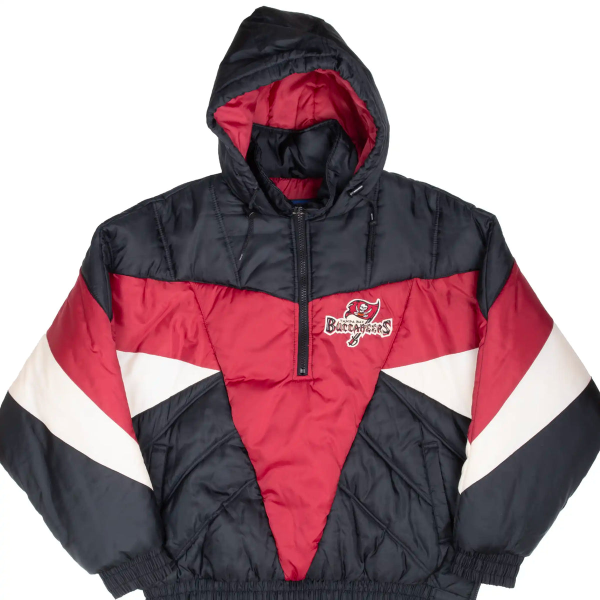 Front of Pro Player Tampa Bay Buccaneers hooded pullover jacket in black, red and white