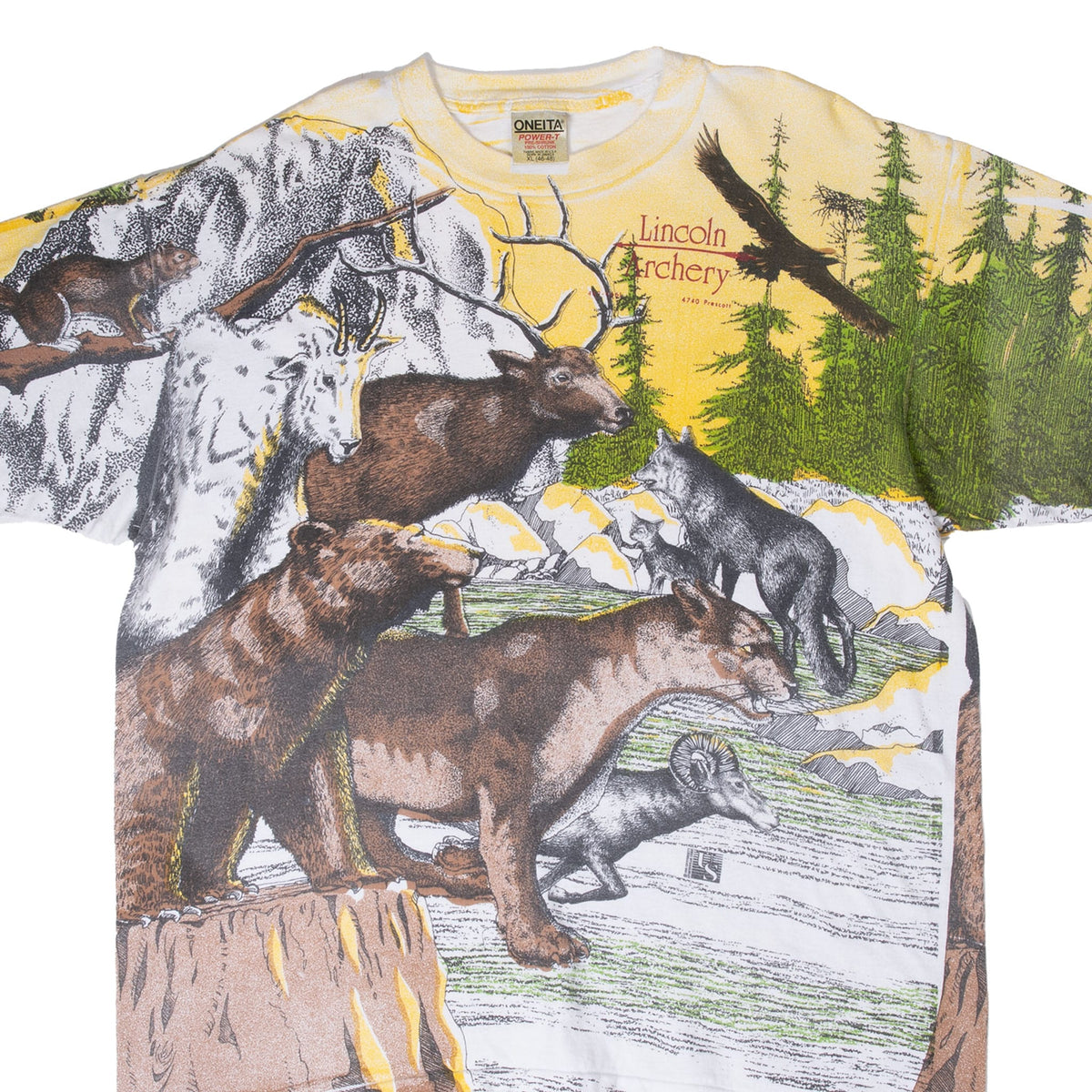 Front of Lincoln Archery T-shirt with wraparound elk, bear, mountain lion, wolf and eagle print