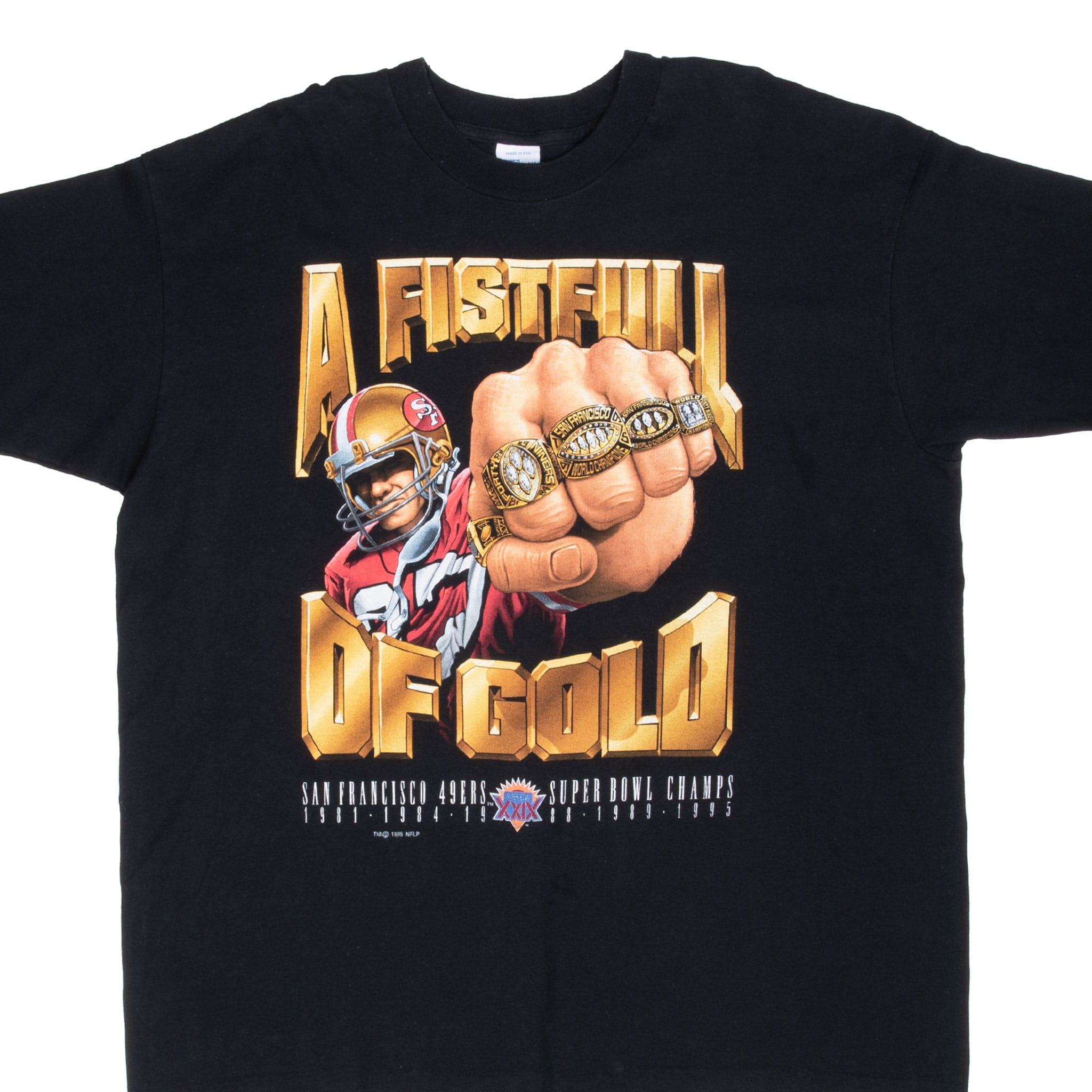 Front of black San Francisco 49ers T-shirt with player, five rings and A Fistful of Gold graphic