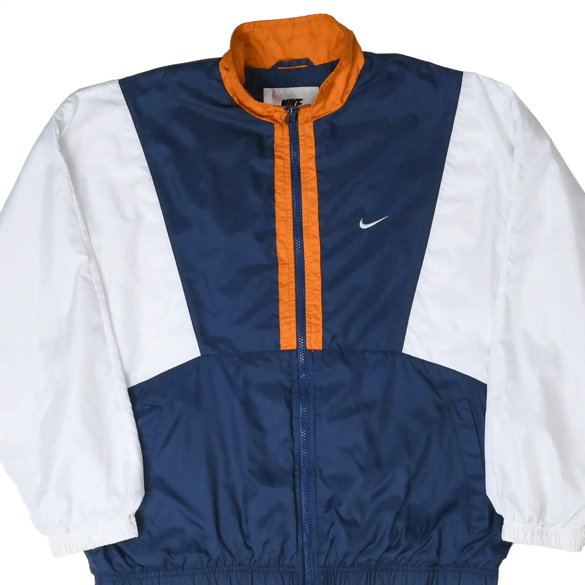 Front of Nike windbreaker jacket in navy blue, white, and orange with embroidered Swoosh