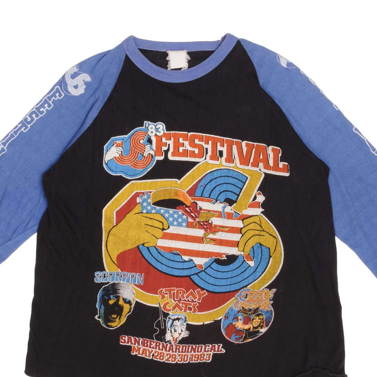 Vintage Original Us Festival Featuring Ozzy Osbourne, Scorpion, Stray Cats, David Bowie, Van Halen, The Clash and more. Half Sleeve Tee Shirt 1983 Size Large Made In USA With Single Stitch Sleeves The US Festival (US pronounced like the pronoun, not as initials) was the name of two early 1980s music and culture festivals in southern California, held sixty miles (100 km) east of Los Angeles, near San Bernardino.