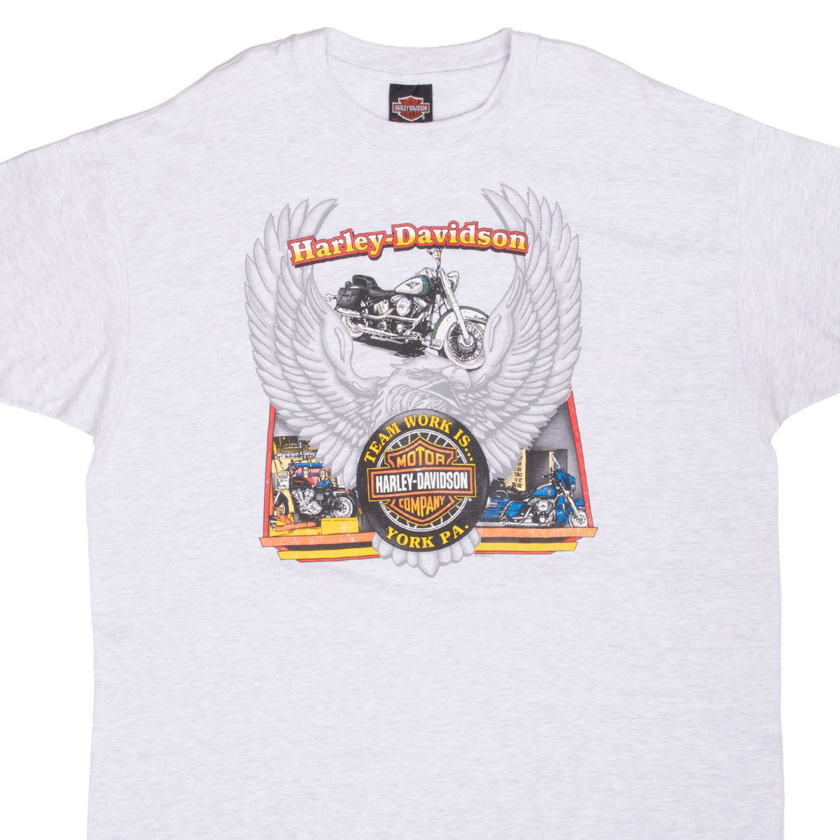Front close-up of gray Harley-Davidson York PA T-shirt with eagle and motorcycle graphic