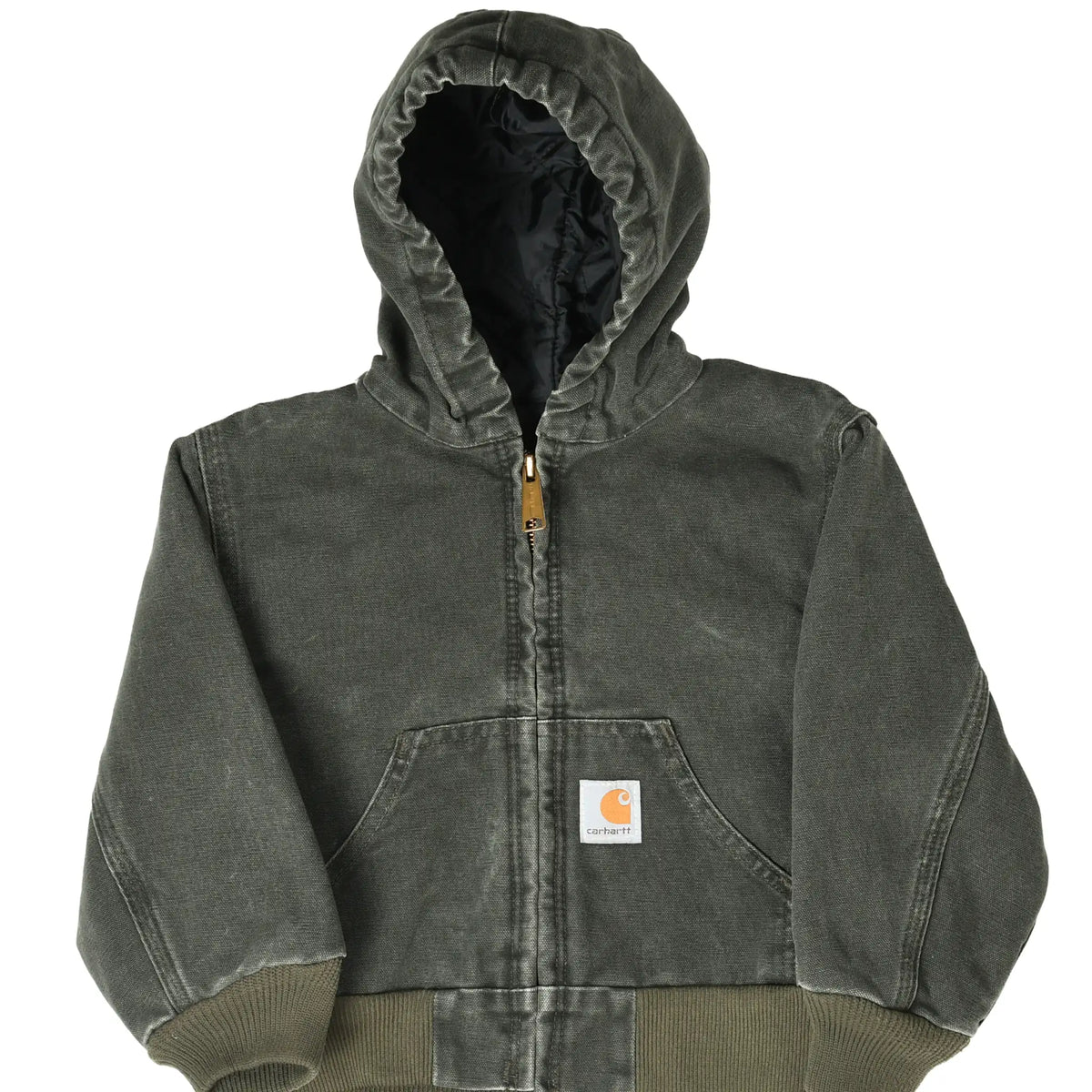 Front of green Carhartt toddler hooded work jacket with zipper, pouch pockets, and logo patch