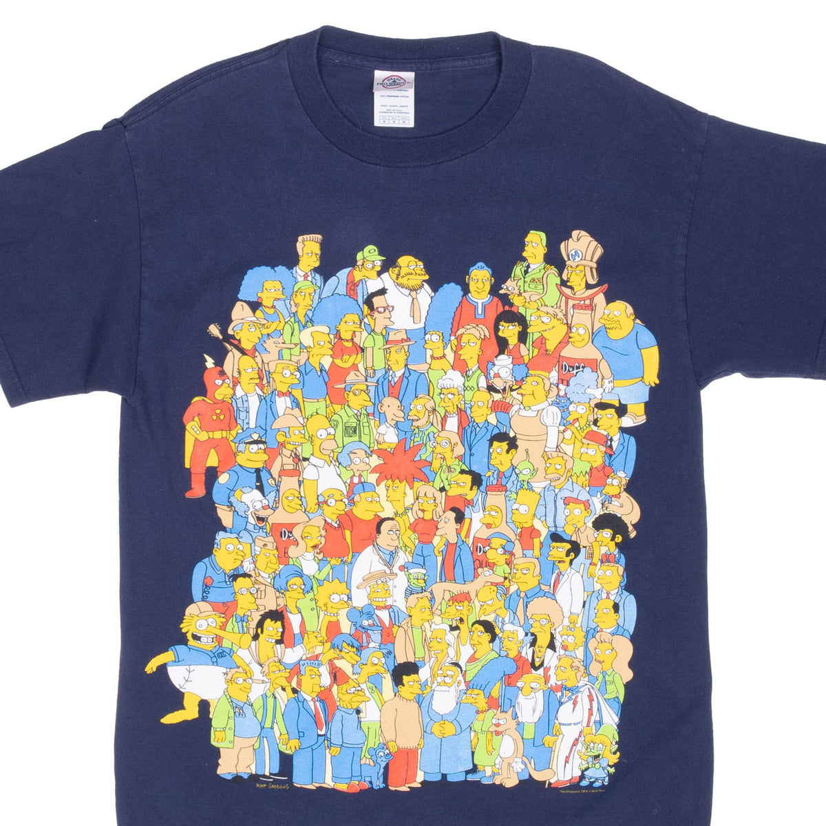 Front upper view of navy The Simpsons T-shirt with colorful Springfield character lineup graphic