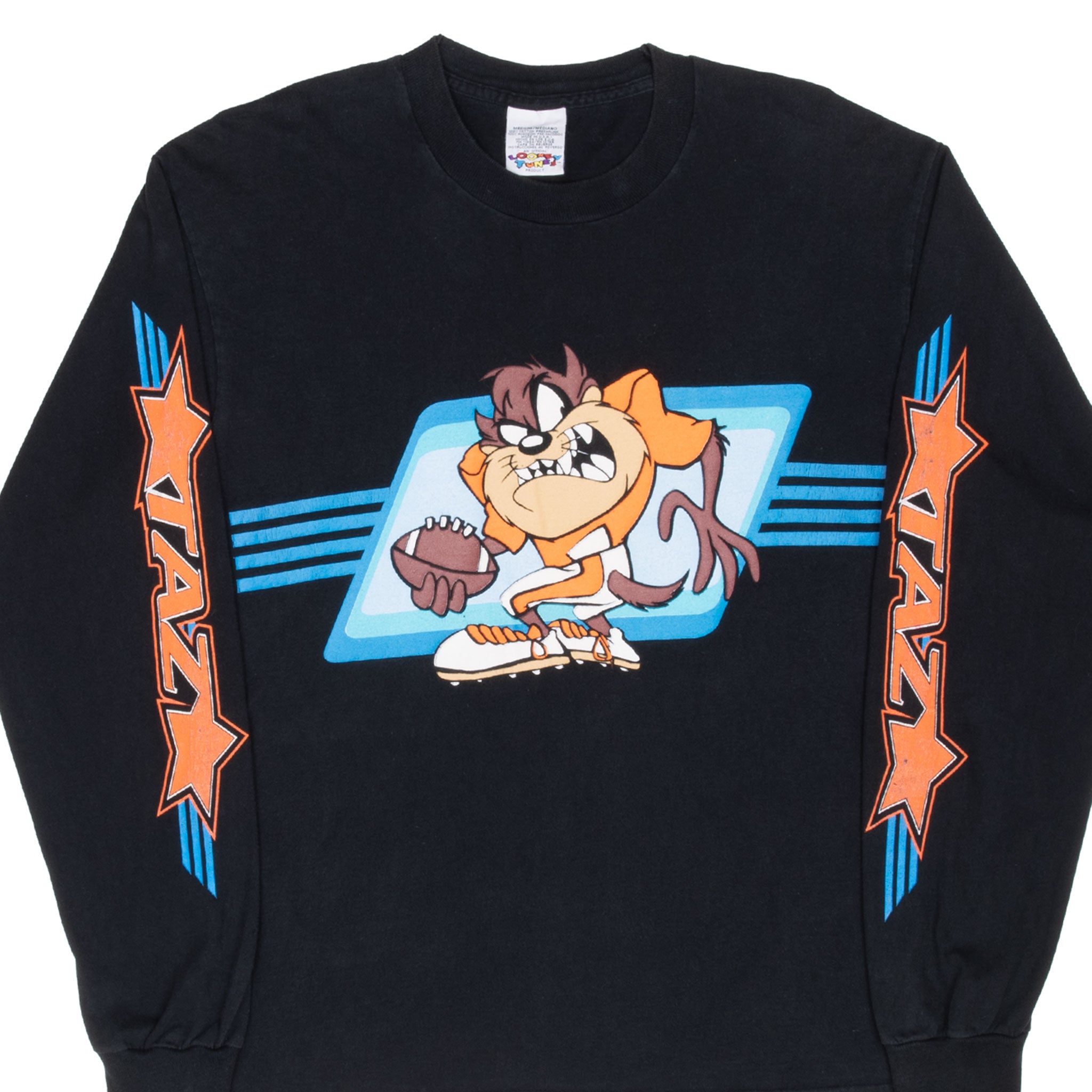 Vintage Looney Tunes Taz Football Long Sleeve Tee Shirt 1990S Size Medium Made In Usa