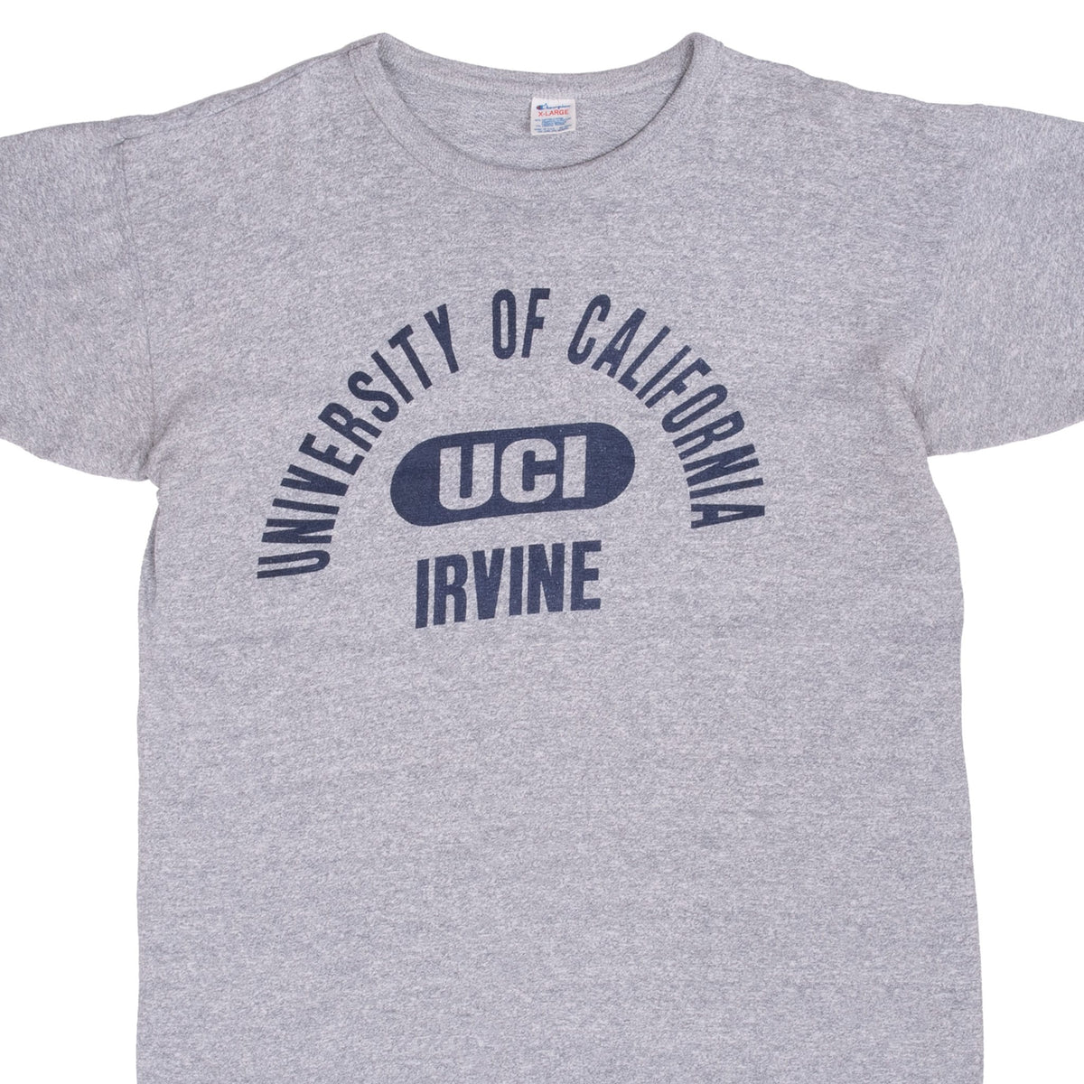 Upper front of heather gray Champion UCI T-shirt with navy University of California Irvine graphic