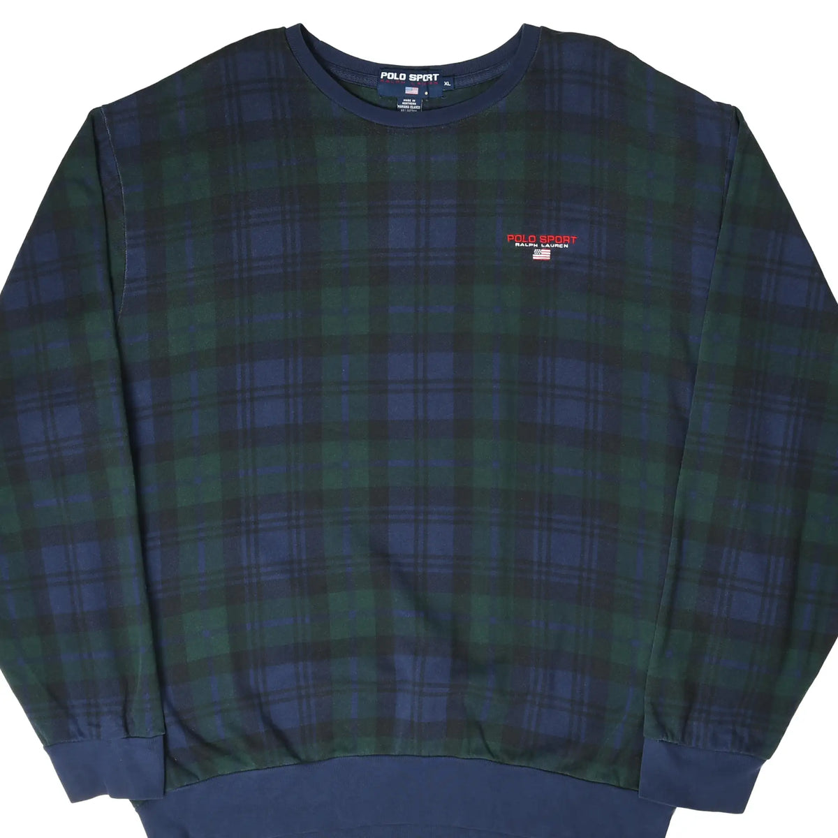 Front of Polo Sport Ralph Lauren blue and green plaid crewneck sweatshirt