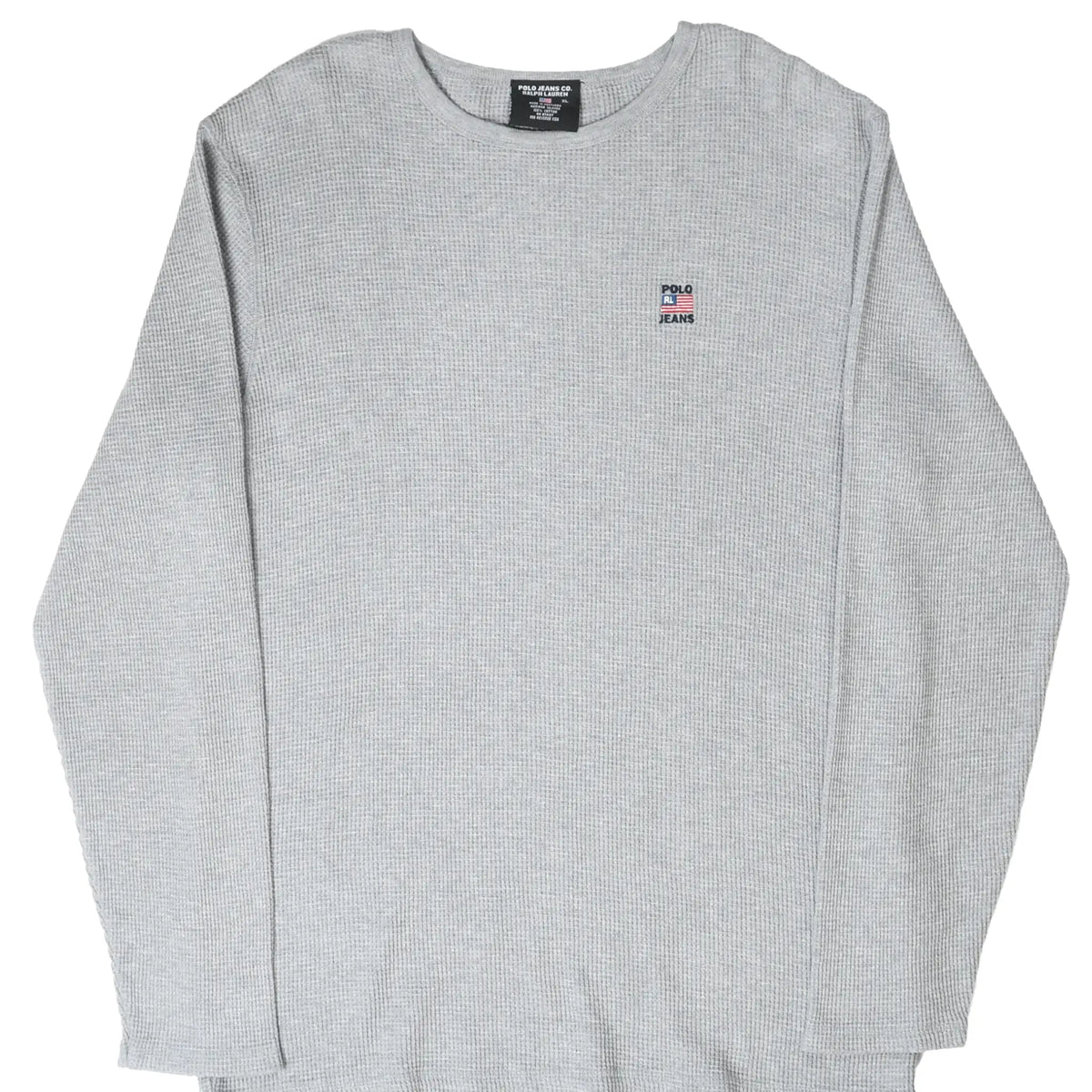 Front of grey Polo Jeans Co. Ralph Lauren long-sleeve waffle shirt with small chest embroidery