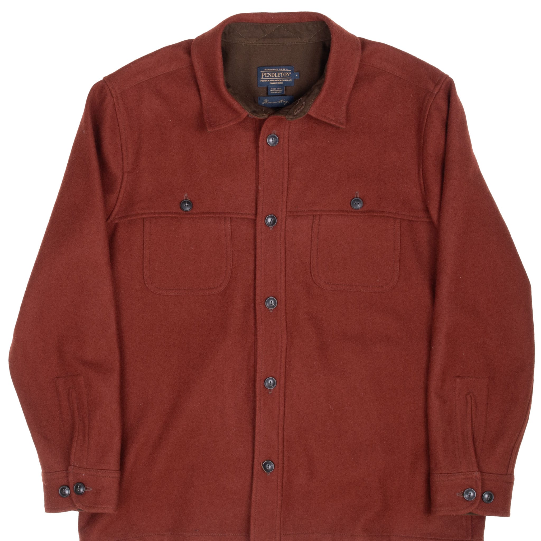 Front view of Pendleton brown clay overshirt jacket with button front and two flap chest pockets