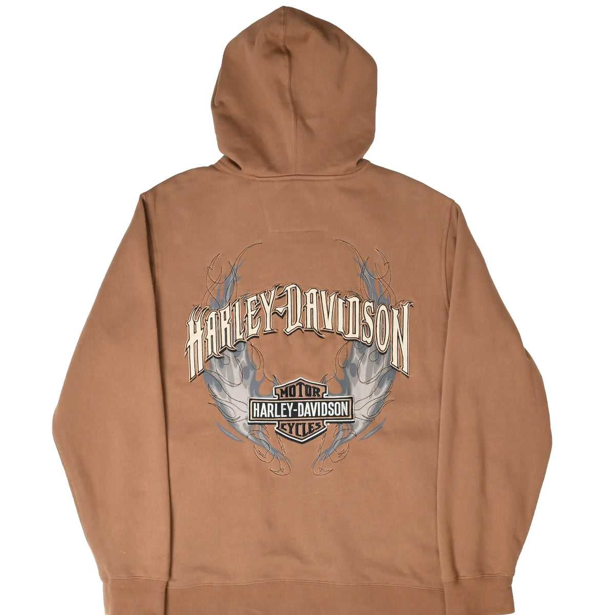 Back of brown Harley-Davidson zip hoodie with large embroidered logo and blue-gray flame design