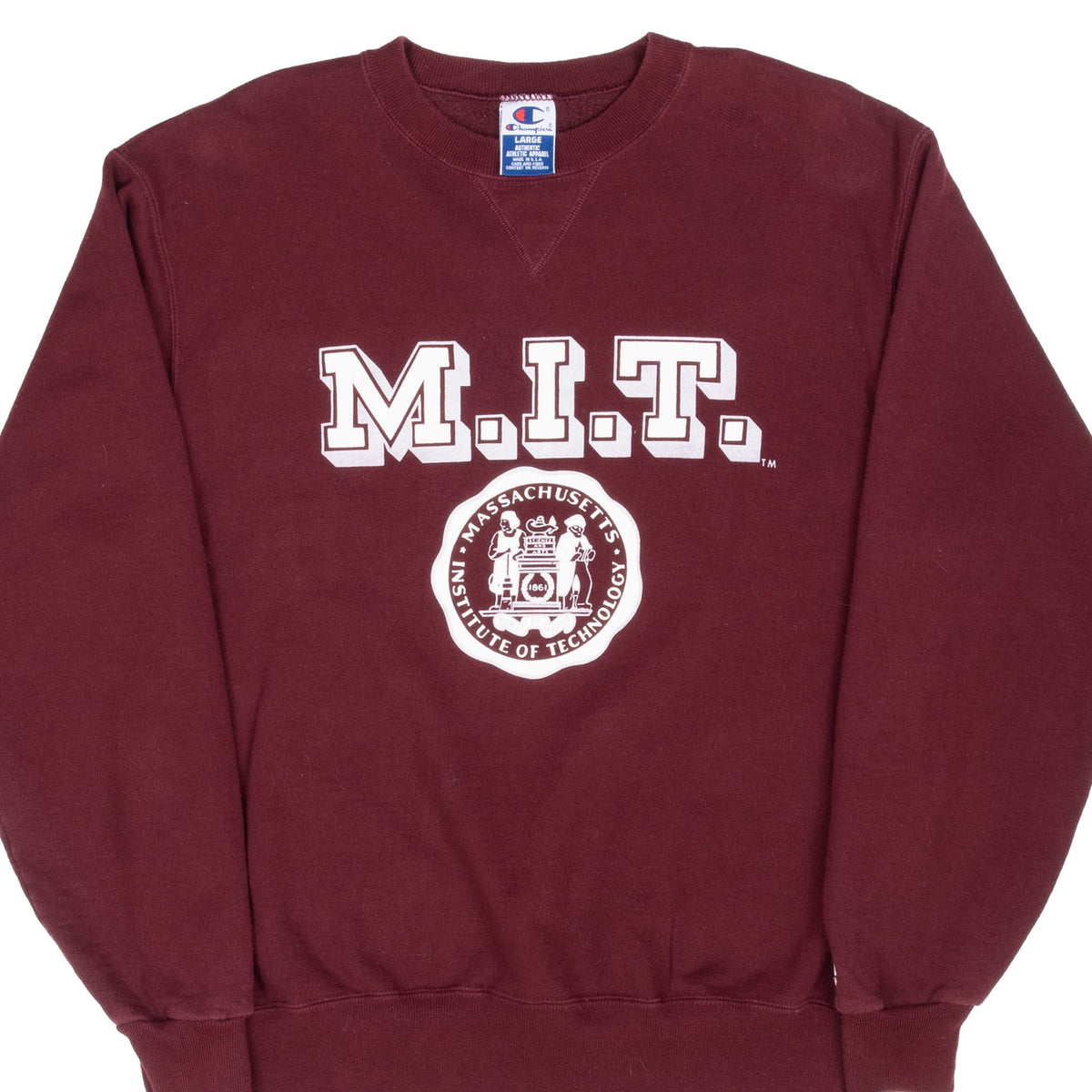 Front of burgundy Champion crewneck sweatshirt with white M.I.T. lettering and institute crest