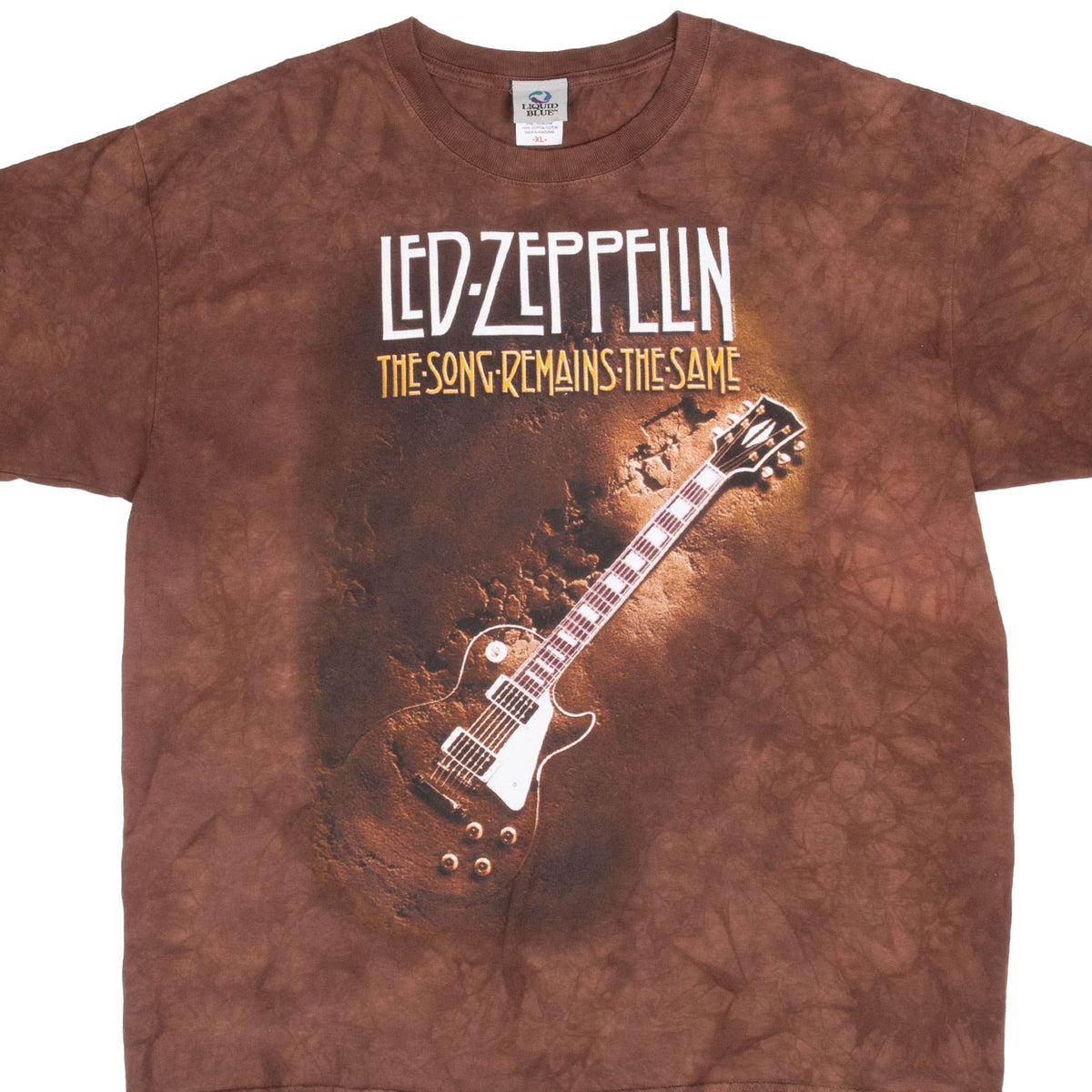 Front detail of brown Led Zeppelin The Song Remains the Same T-shirt with guitar graphic